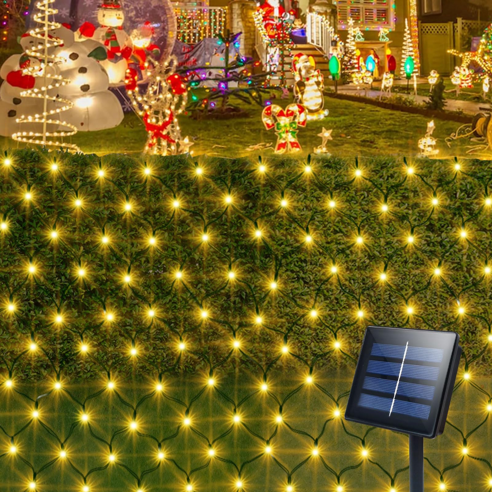 echosari Solar Powered Net Lights, 200 LED, 9.8Ft x 6.6Ft, Dark Green Wire, 8 Modes, Warm White