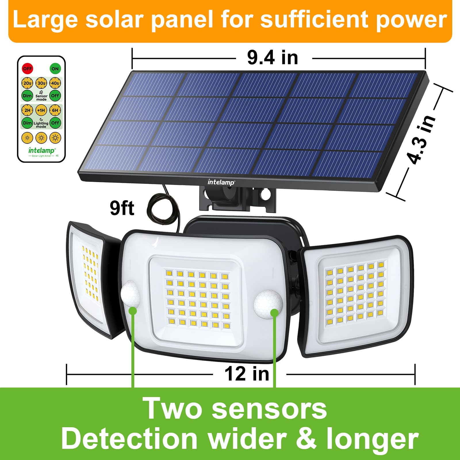 intelamp 3-Head Solar Motion Sensor Floodlight, 1200 Lumens, IP65 Waterproof, Remote Control, White, 1 Pack with Cable