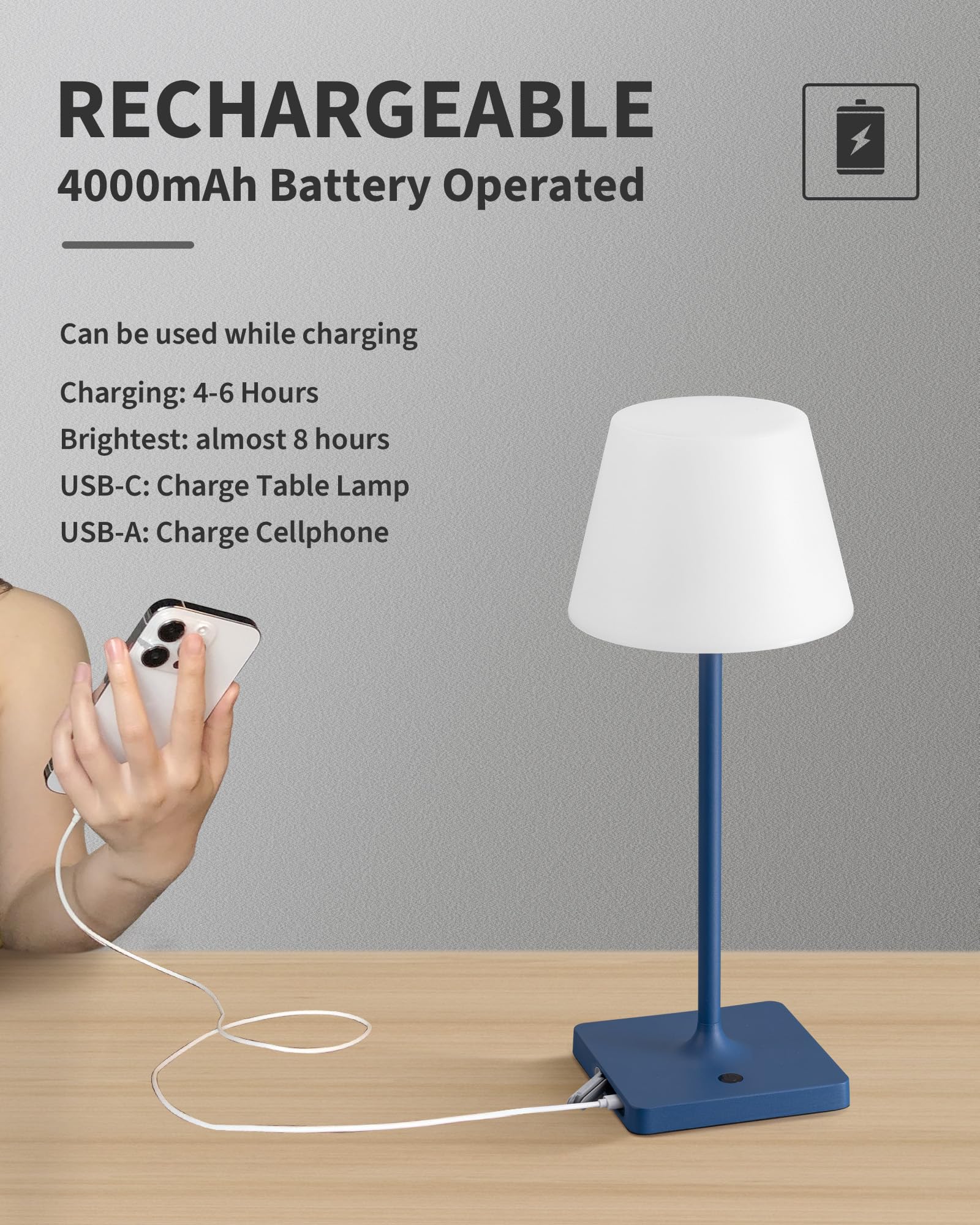 Newsee Cordless Portable Touch Table Lamp Waterproof Set Of 2, 4000Mah Rechargeable Battery Powered Dimmable Led Desk Lamps, Mod