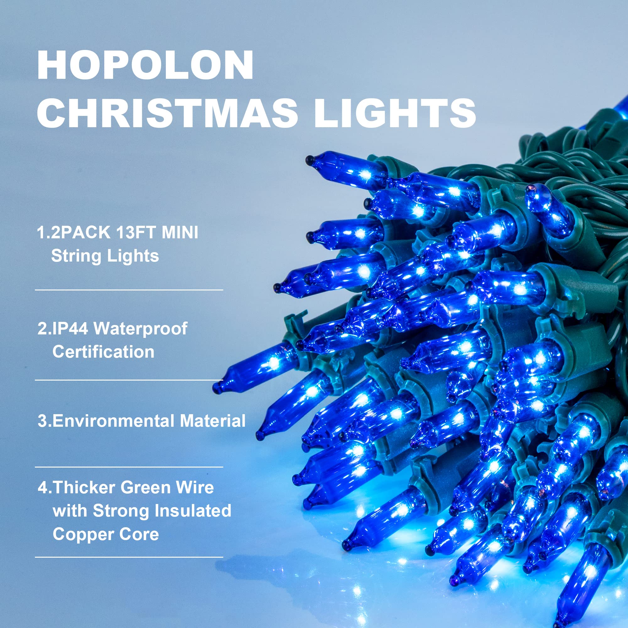 Hopolon 50 Led Blue Mini Fairy String Lights, 13Ft White Wire, 2Pack For Halloween, Christmas, Indoor/Outdoor Décor