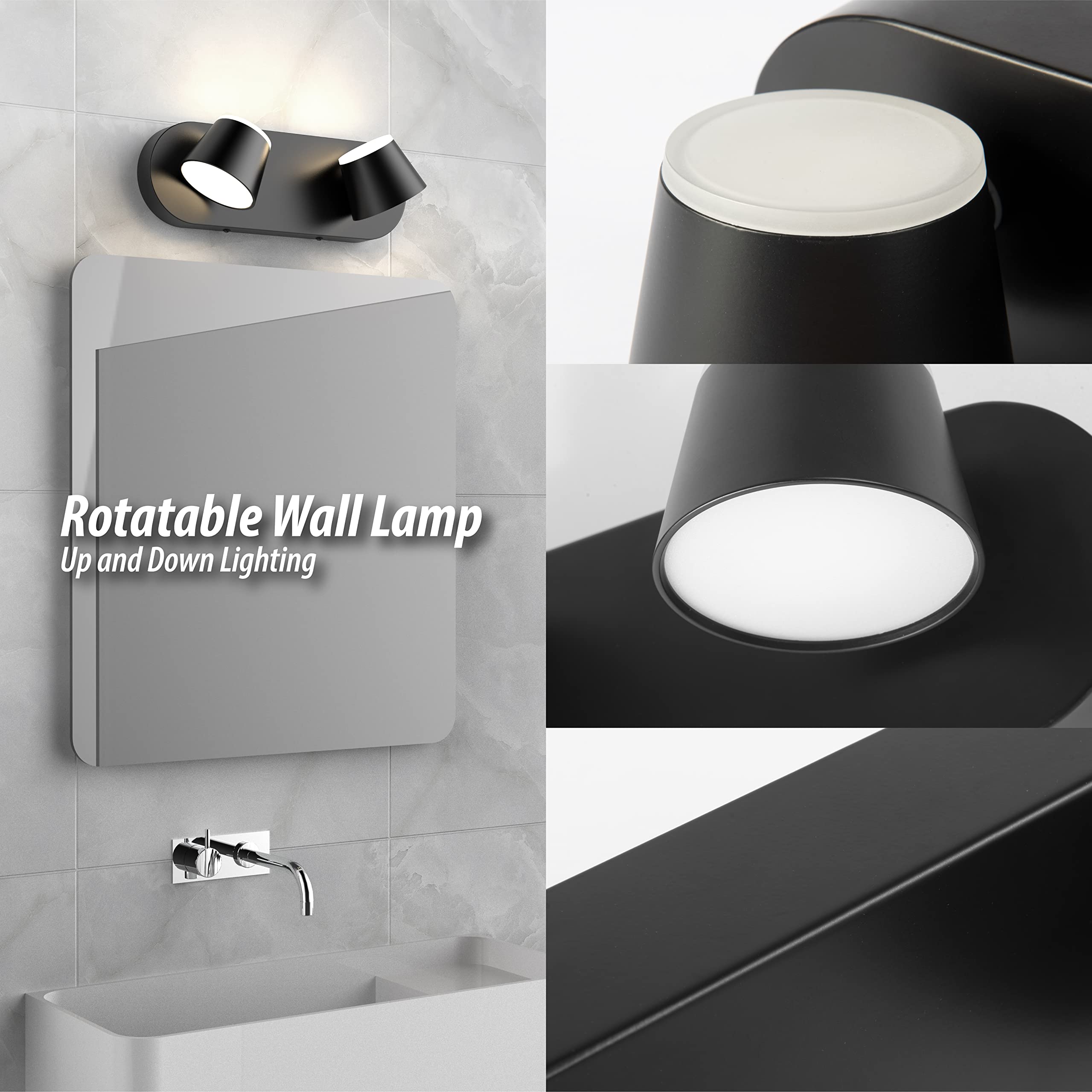 URSOLA 2 Light Bathroom Vanity Light, LED Dimmable, 13 inch, Black, Model 7540-2T, Up and Down Rotatable, Acrylic Fixtures