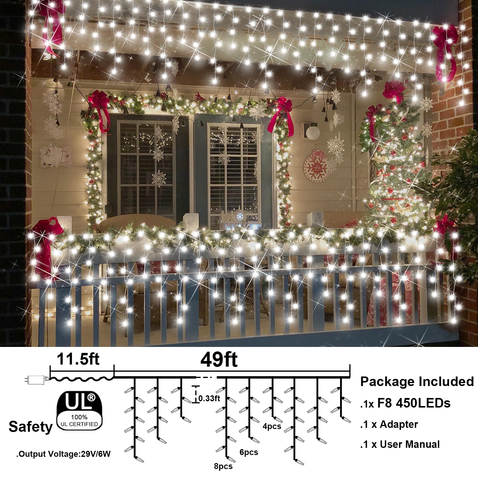 FLVOECN Christmas Lights 98FT 900LED Cool White Waterproof 8 Modes F8 String Lights for Outdoor Holiday Party Wedding