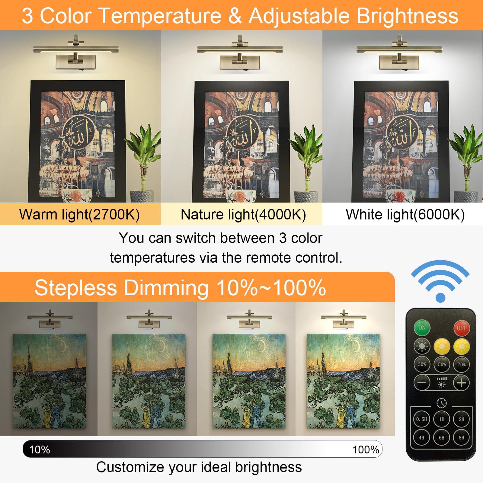 Tassuowell Wireless Picture Light, 12 Inch Battery Operated, 3CCT Dimmable, Antique Bronze, Model 7115