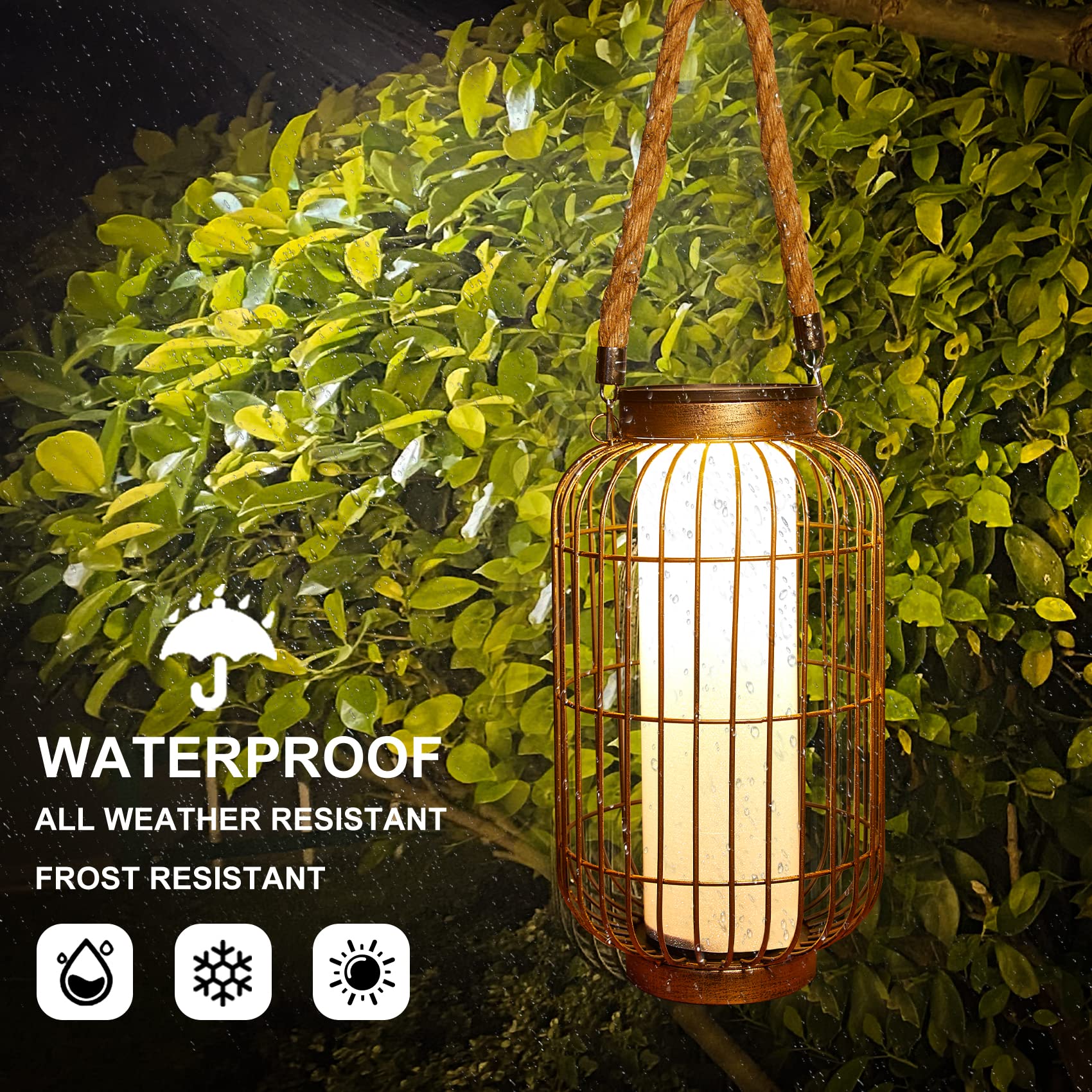 baterysu Solar Lantern - Waterproof LED Hanging Light, Retro Metal, Bronze, Model HIA512.V7, Ideal for Outdoor Garden, Patio, Porch, Walkway