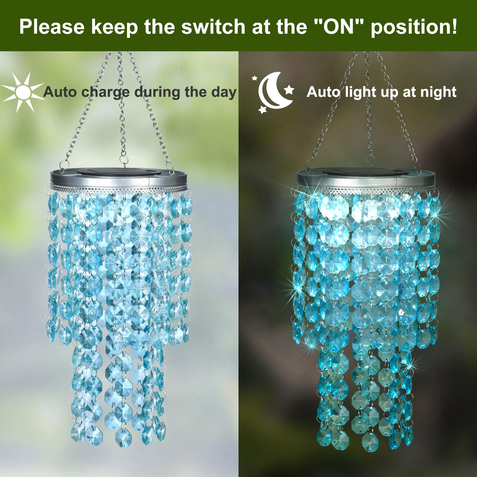 Hanging Solar Crystal Chandelier Outdoor, 21    Modern Solar Blue Acrylic Beaded Lantern With Cool White Led S Hooks For Garden