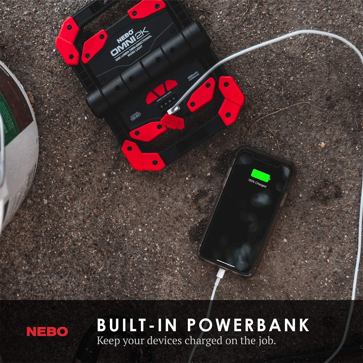 NEBO OMNI 2K Work Light - 2000 Lumen COB LED Flashlight, Portable Magnetic, USB Power Bank, Red and Black, Model WLT-0015