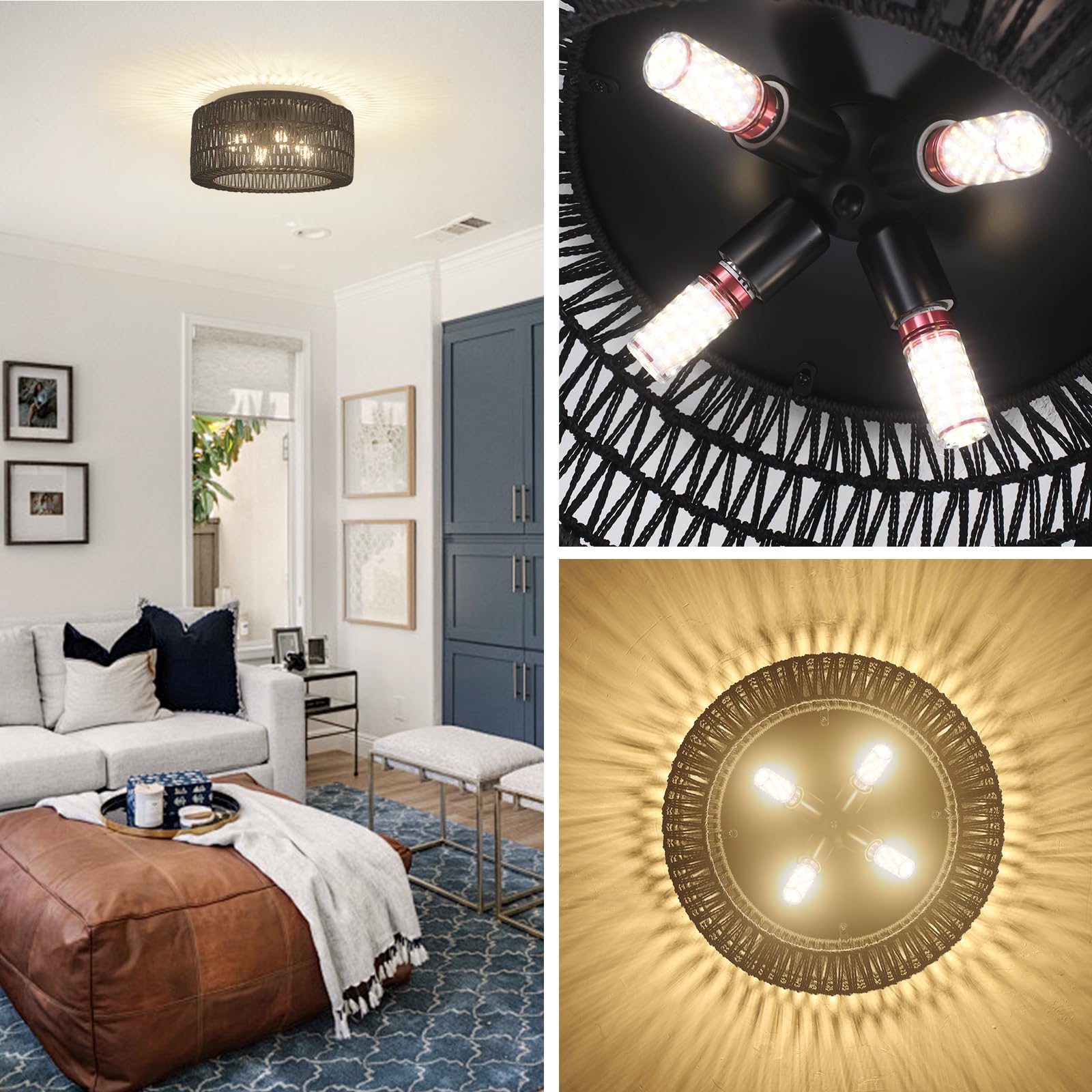 ABEAJAT Rattan Flush Mount Ceiling Light, 4-Lights Boho Chandelier, 18in  Black Hand-Woven Shade, Model ABEAJAT-001