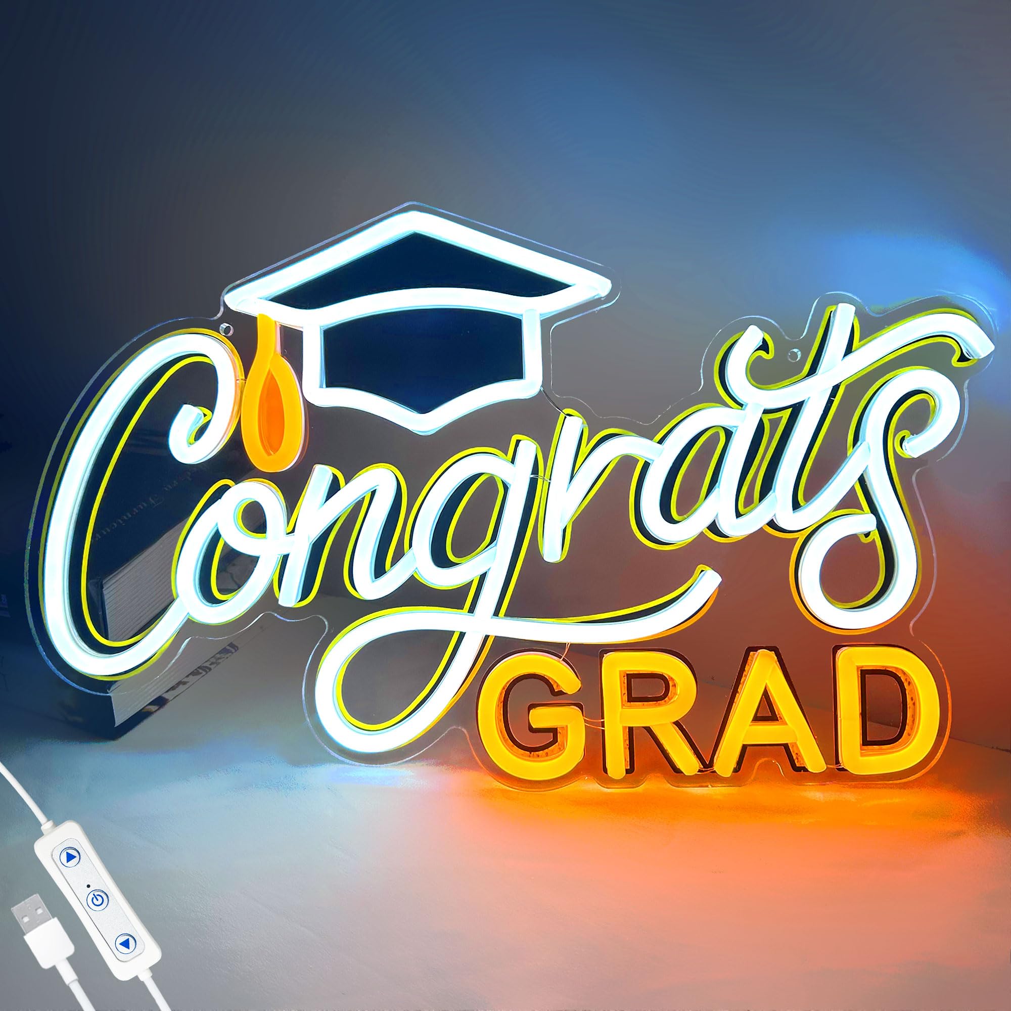 SELICOR Neon Graduation Sign with Cap - LED Light Up Decor, 15in x 8in, White Yellow, Class of 2025, Perfect for Prom Party and Photos