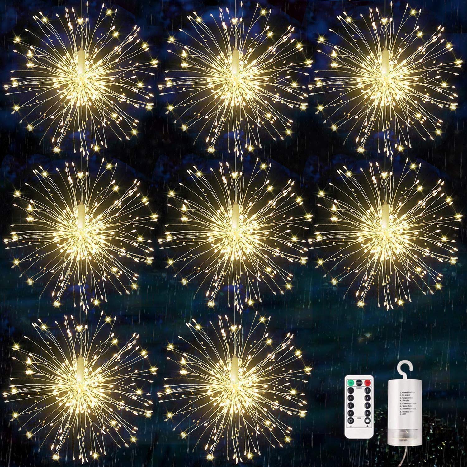 KIKILIVE Firework Lights, 8 Pack LED Copper Wire Fireworks Lights Fairy Lights Christmas Fireworks Hanging Dimmable String 8 Mod