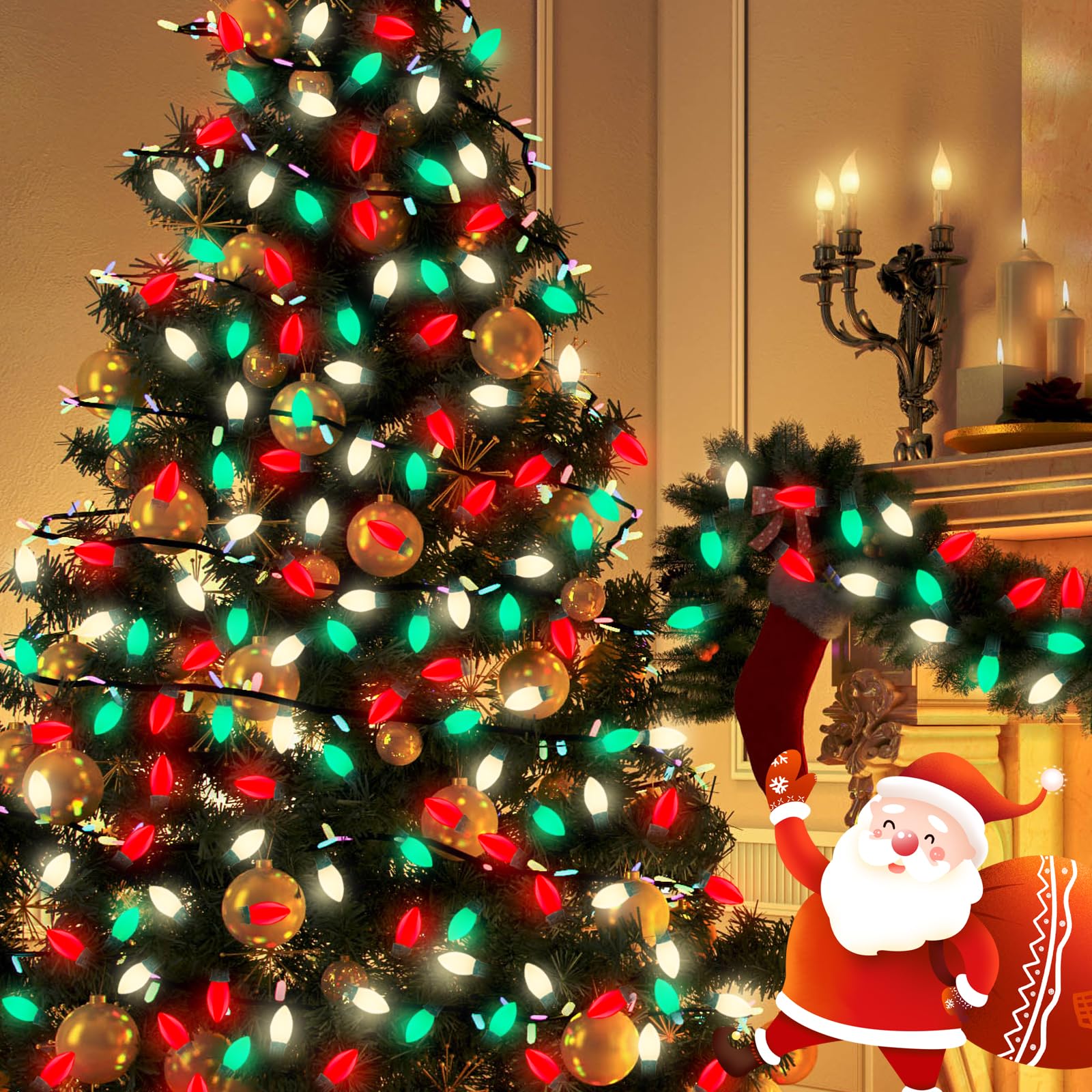 Red Green White Led Christmas Lights,25Ft Waterproof C9 Multicolor Christmas Lights Outdoor With 26 Shatterproof Bulbs,Commercia