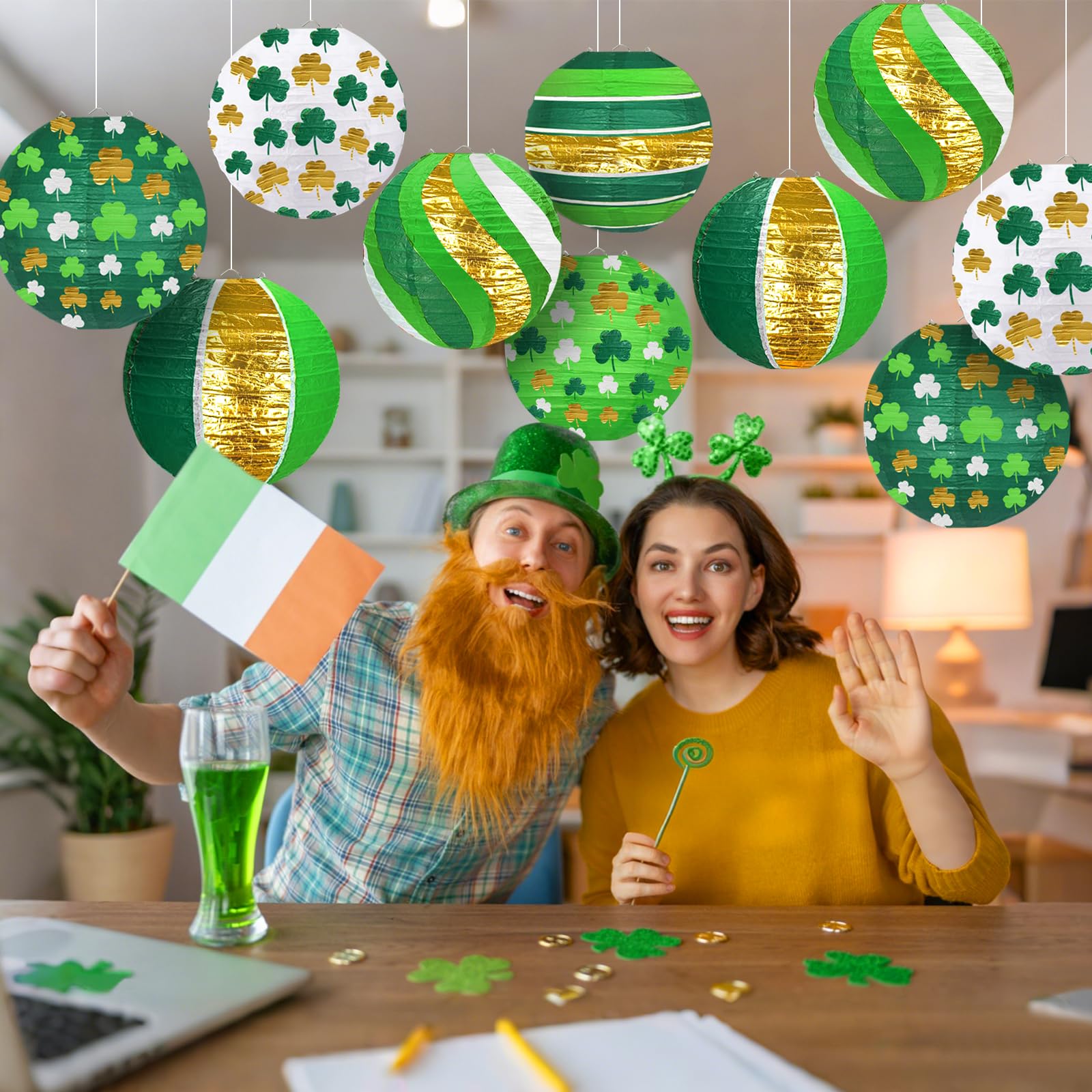 Adlkgg St Patrick'S Day Paper Lanterns Party Decorations, Green Four-Leaf Clover Printed Hanging Round Paper Lanterns For Irish