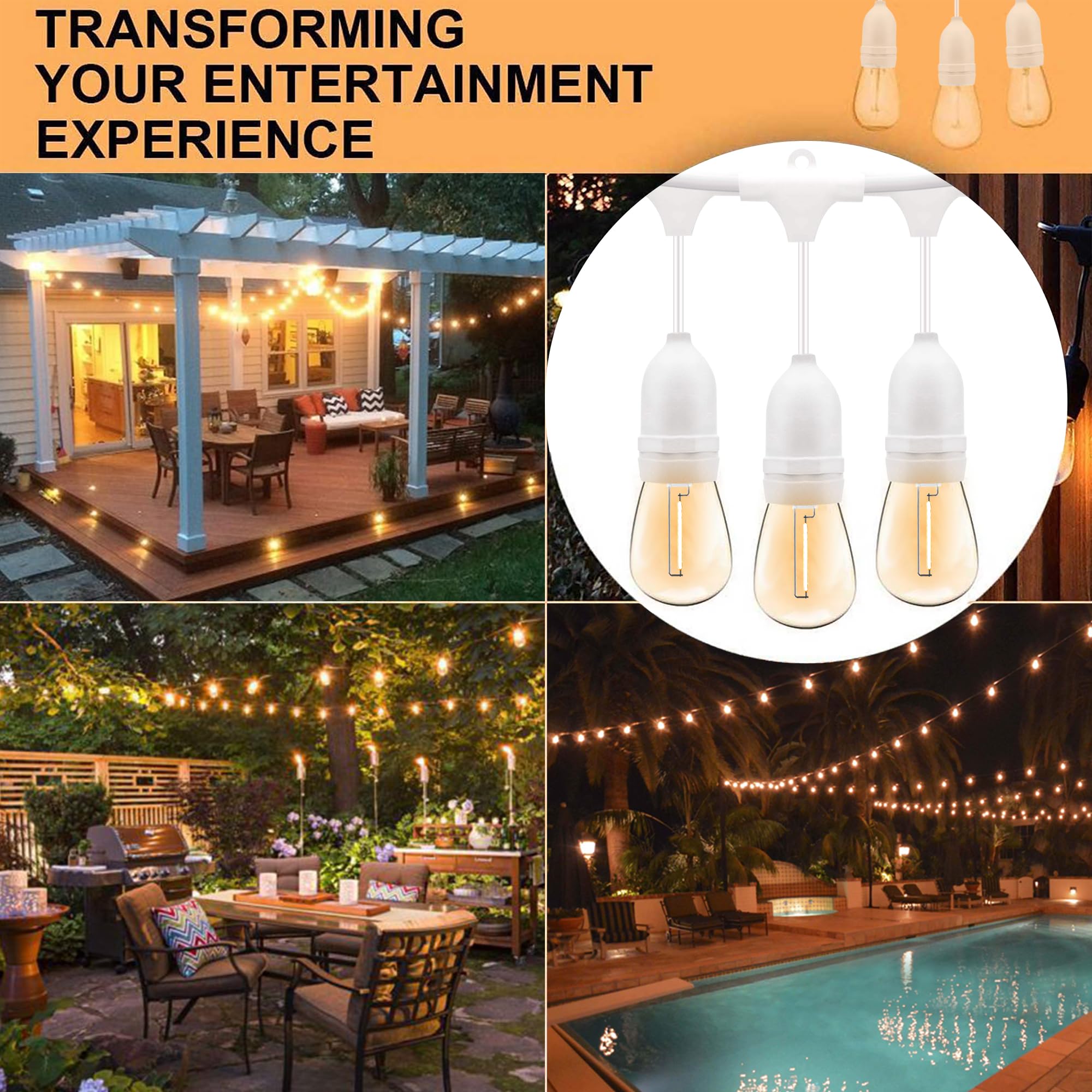 Banord Outdoor String Lights, 48Ft Waterproof Patio Lights With 1W Dimmable Led Bulbs, White Hanging String Lights For Outdoor B