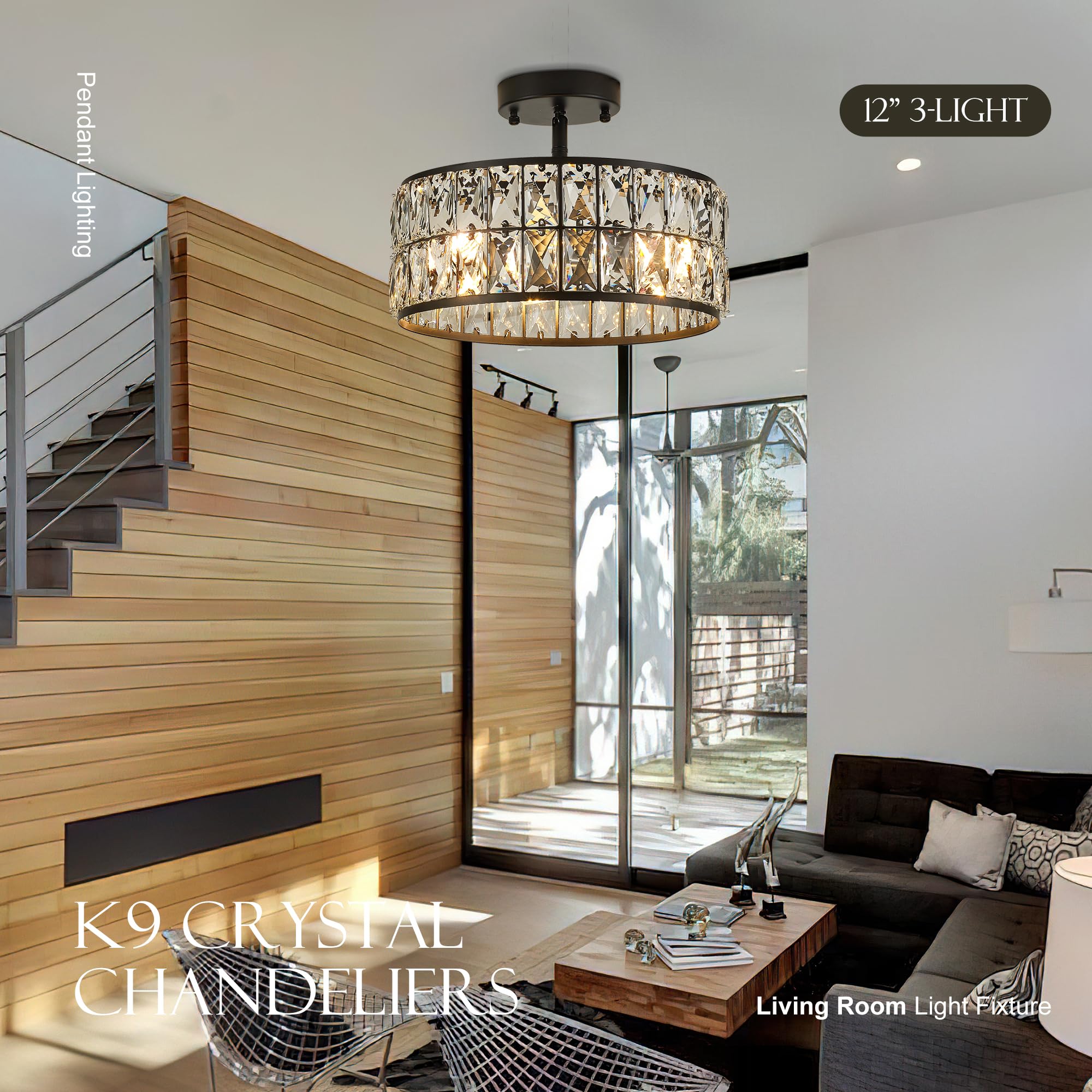 Salaiwei 12    3-Light Modern Crystal Chandeliers Black Dinning Room Light Fixture With Two Poles, Round Pendant Light Kitchen I