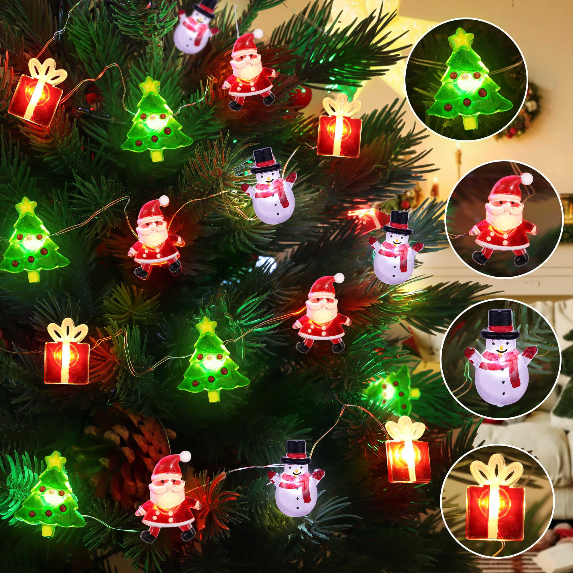 Christmas String Lights 12FT 32 LED Christmas Tree Santa Clause Snowman Gift Box Xmas String Lights Battery Operated Holiday Fai