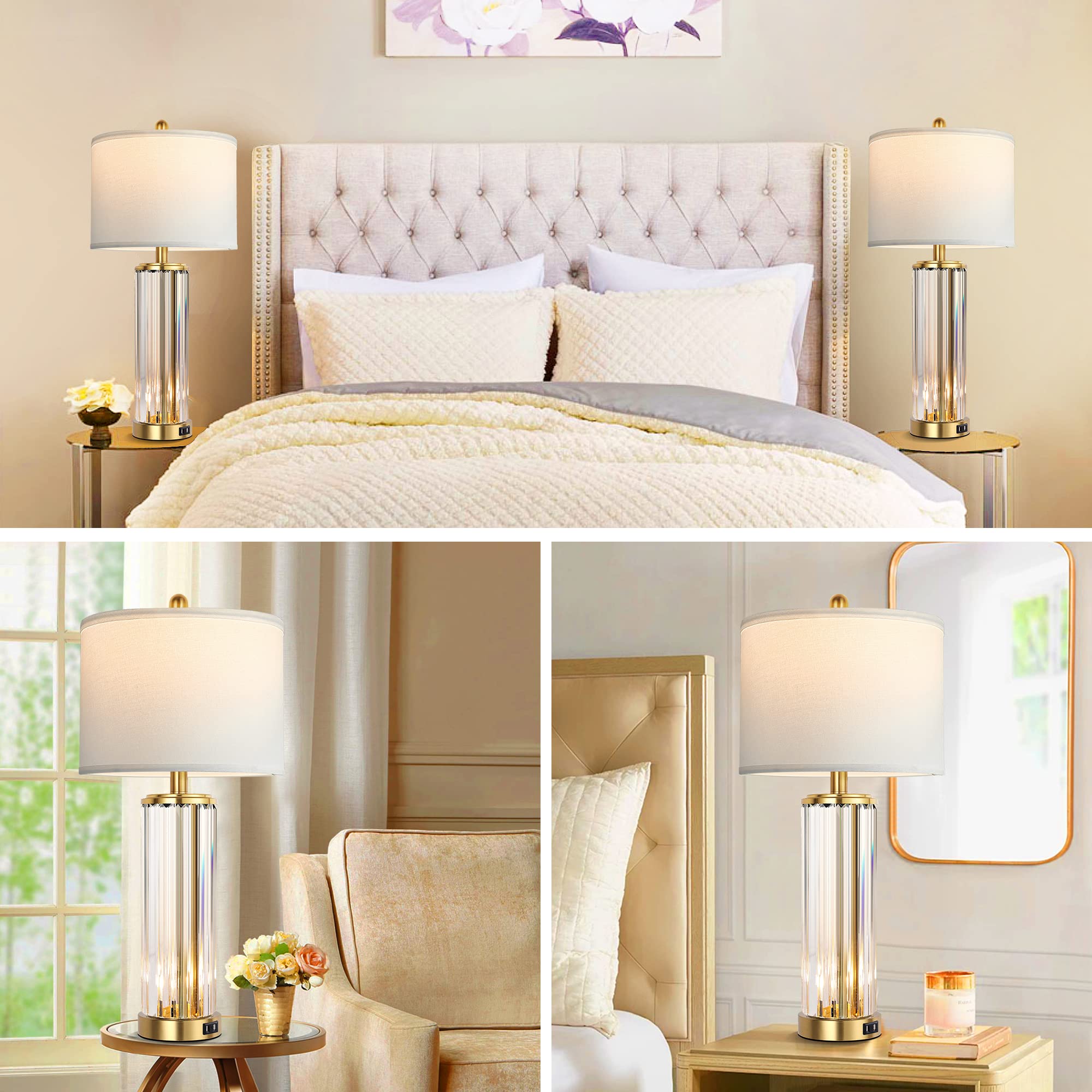 QiMH Gold Table Lamps Set of 2 with USB Charging Ports, Modern Nightstand Light, Brushed Gold, LED Bulbs Included