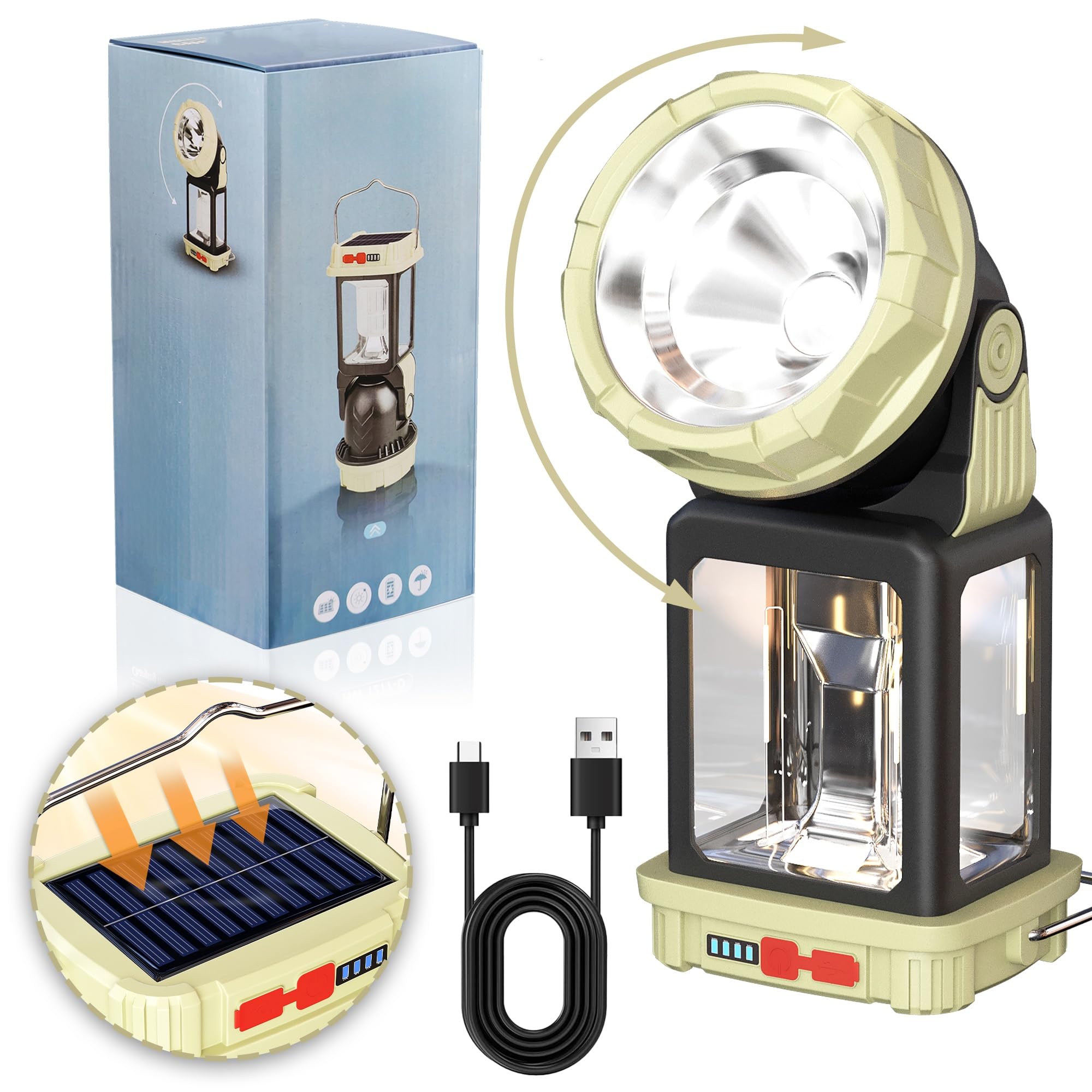 Homy Electric Lanterns Solar Charging Gray-Green Camping Essentials Led Lights And Rechargeable Flashlight Headlight + Big Light