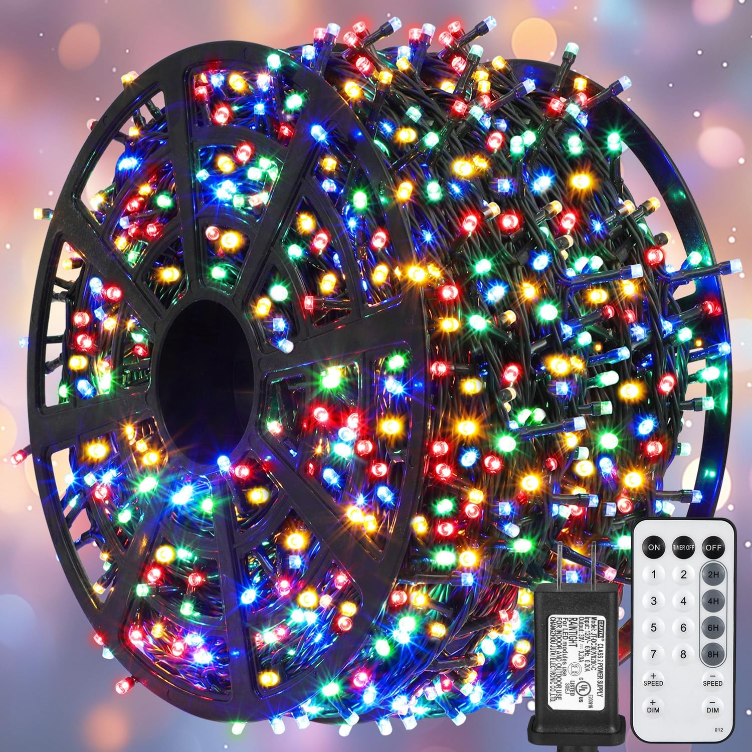 Weillsnow 328 FT LED Christmas String Lights, 1000 Lights, Remote & Timer, 8 Modes, Waterproof, Multicolor, Model HB-1000COI