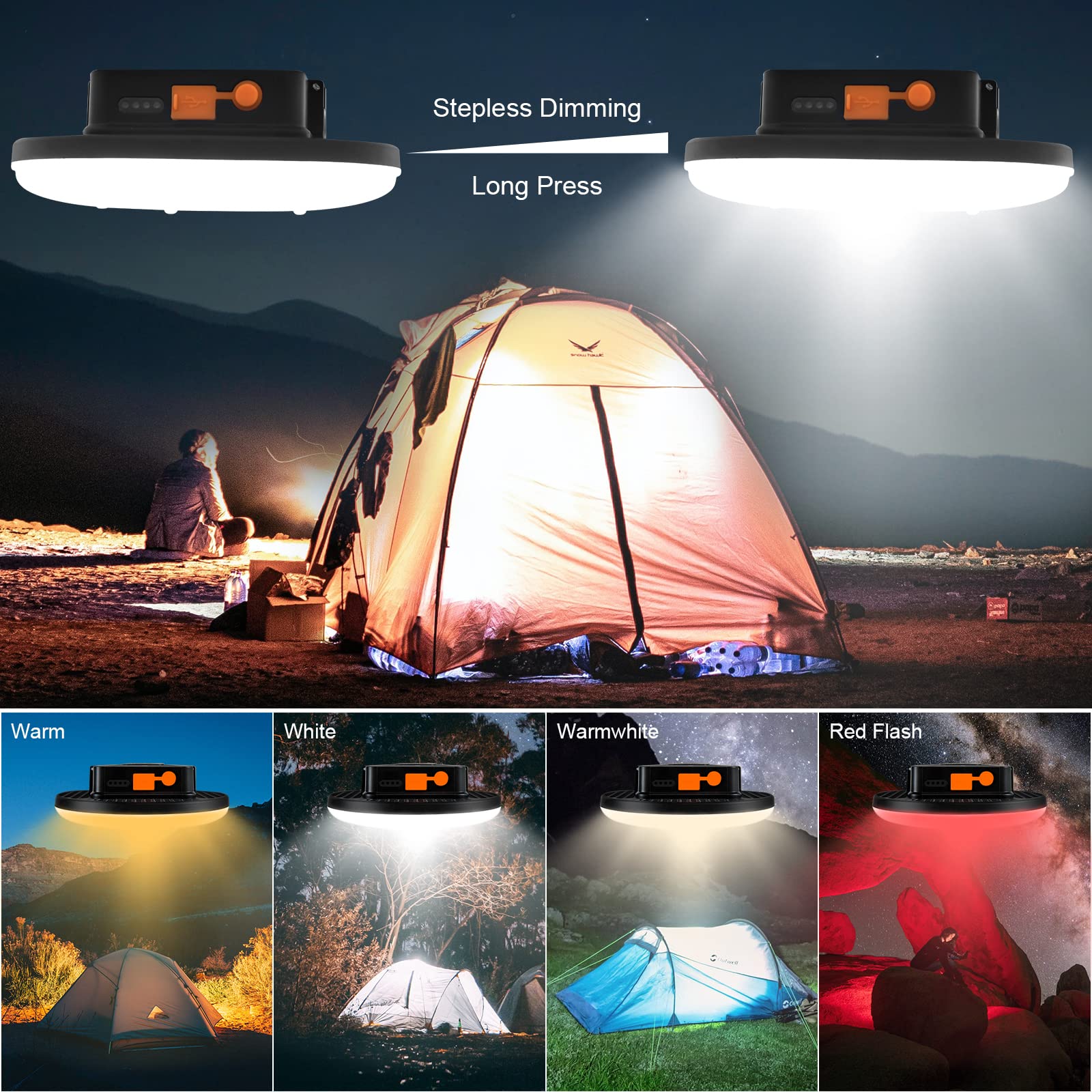 Iodoo 16500Mah 3000Lm 4Color Flashlight Portable Led Camping Lantern Rechargeable Light 60W With Magnet, Ipx4 Waterproof Tent Light Power Failure Emergency Survival Kits (60W Pro)