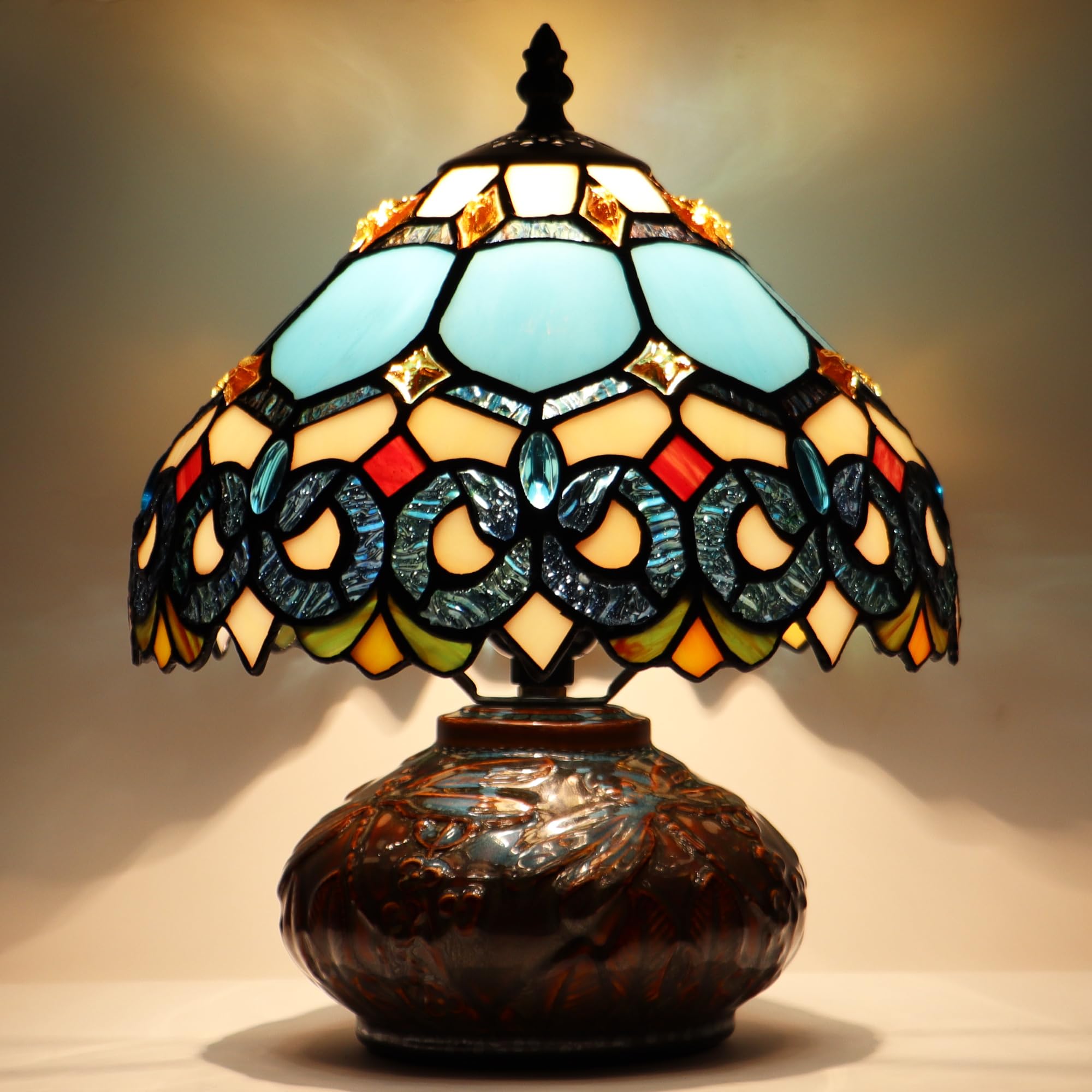 LXHCYOU Small Tiffany Table Lamp, 10X10X11 Inch Mini Stained Glass Mushroom Desk Light Memory Sympathy Ceramic lamp (Sapphire St