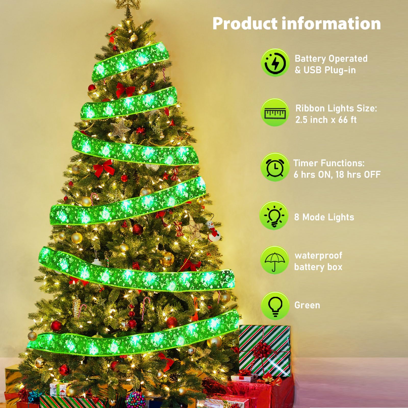 Vloso Christmas Tree Ribbon Lights for Christmas Tree Decorations-2.5Inch 66 Ft 200 Led Lighted Ribbon for Christmas Tree with R