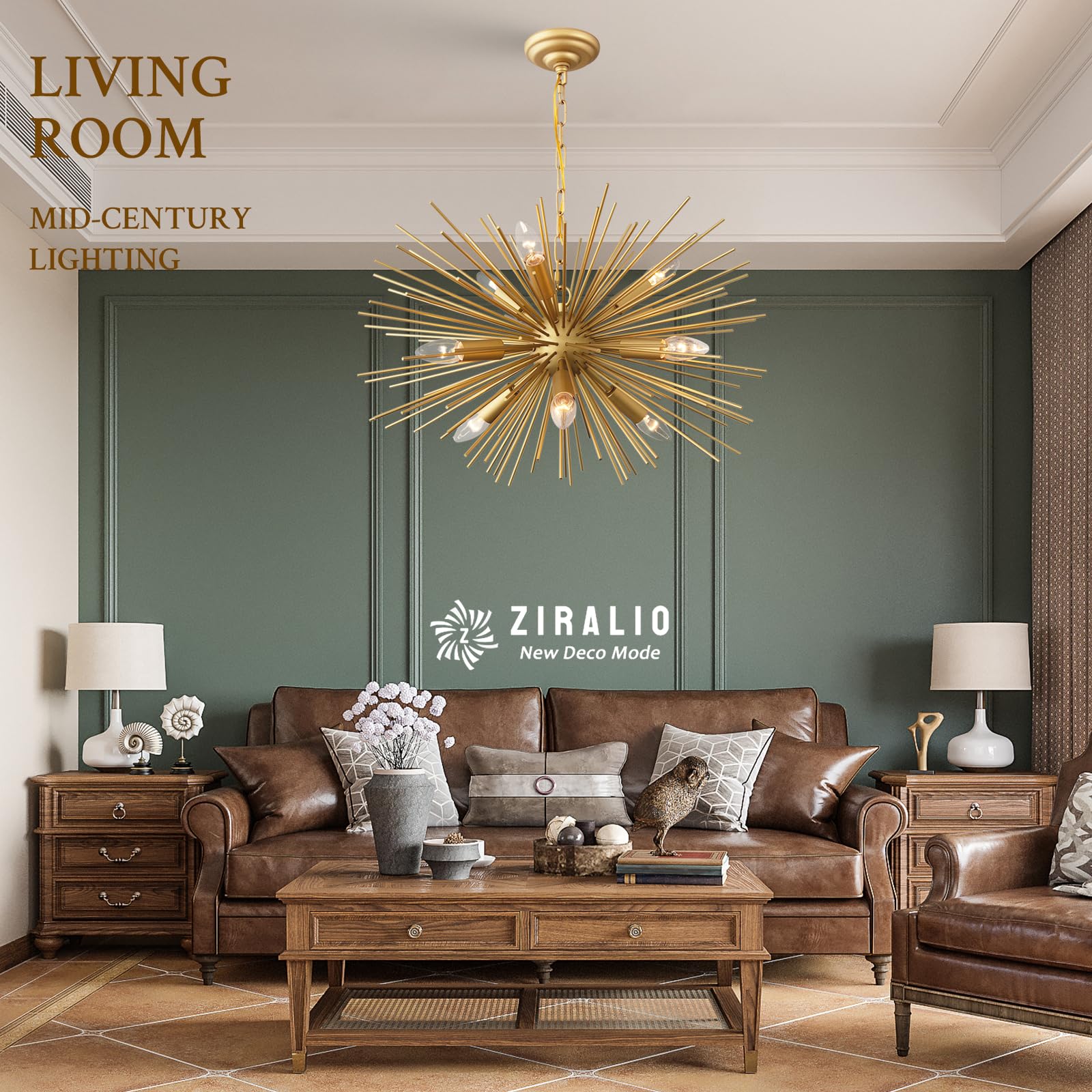 ZIRALIO Modern Gold Sputnik Chandelier 24" 9-Lights Geometric Starburst Light Fixture for Dining Room, Kitchen, Bedroom, Living Room