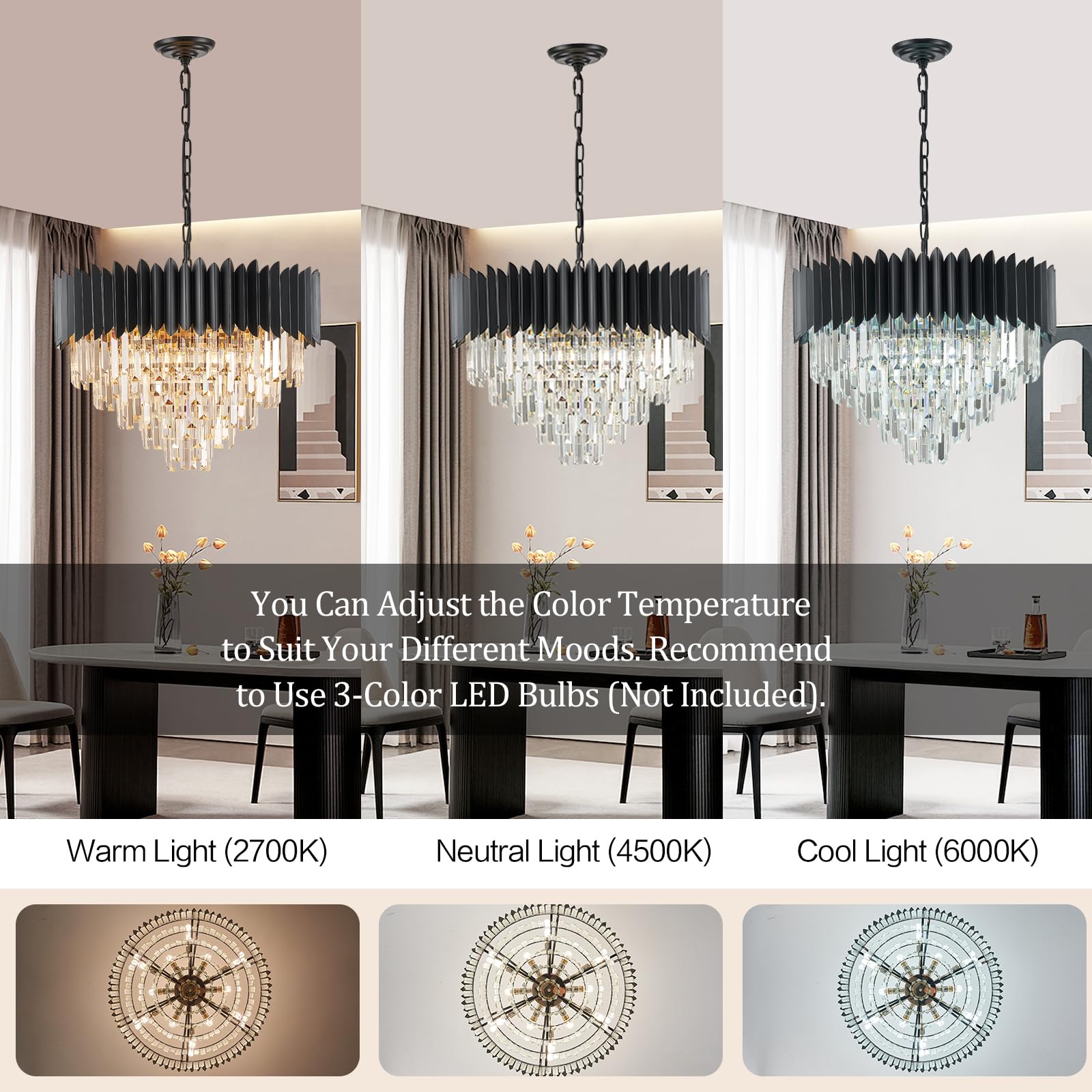Yolizuot Black Crystal Chandelier 24'' K9 Crystal Round Pendant Lights Adjustable 5-Tier Large Modern Crystal Chandelier Light 1