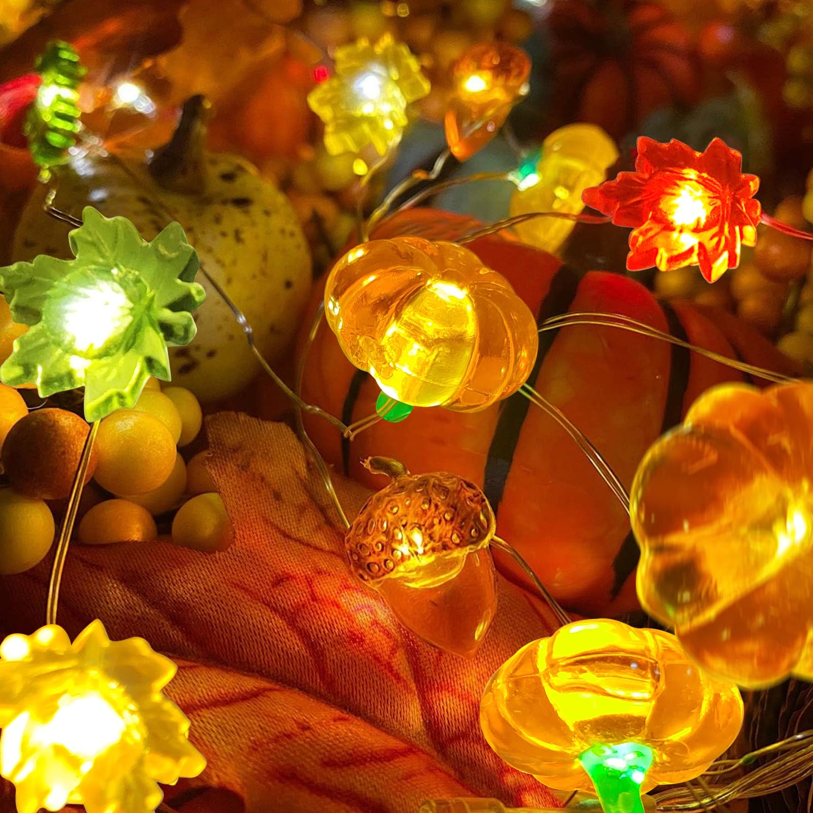 Thanksgiving Fall lights Decoration 10FT 30 LED 3D Pumpkin Maple Leaf Acorn Battery/USB Operated with Remote Fall Halloween Lights Pumpkin Decor Fall Garland Lights Indoor Outdoor Thanksgiving Decor