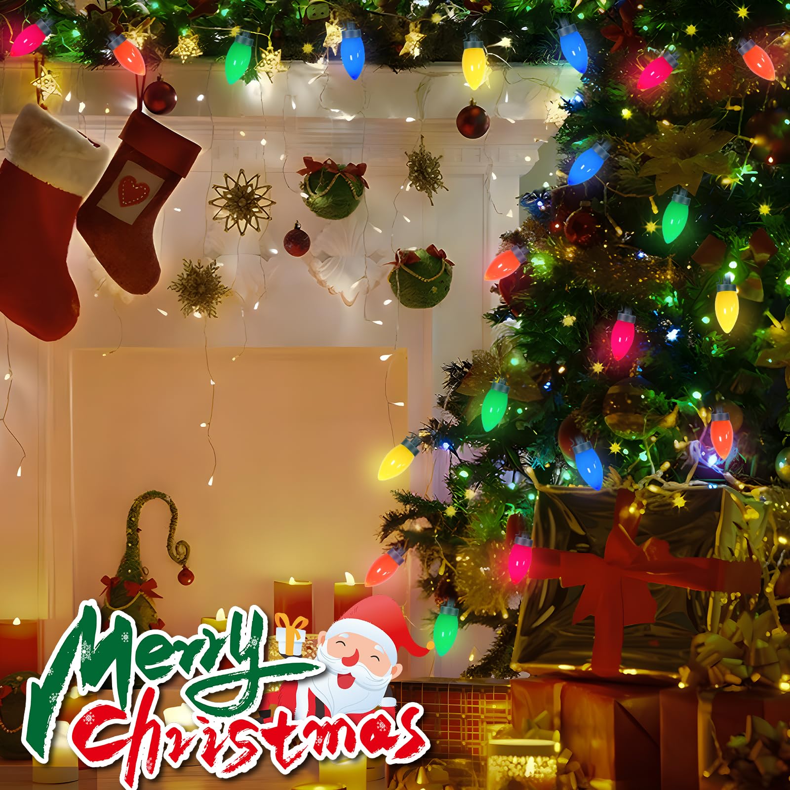 Led Christmas Lights Battery Operated Lights With Remote, 27 Ft C9 String Lights, 8 Mode Twinkle C9 Vintage Christmas Lights Wit