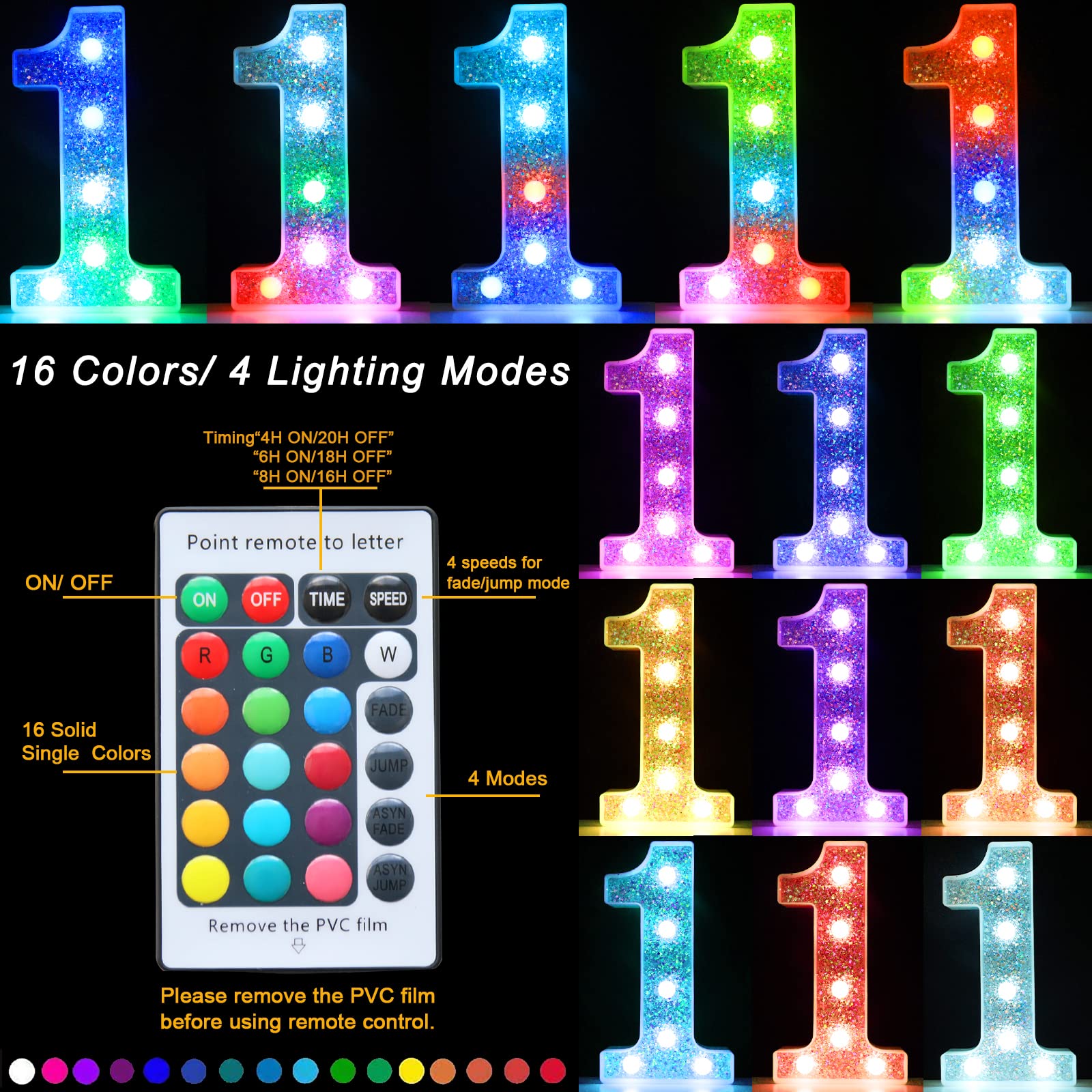 Pooqla Silver LED Marquee Number Light, Battery Operated, 16 Colors, Model S-RGB, Number 3, Metal Material