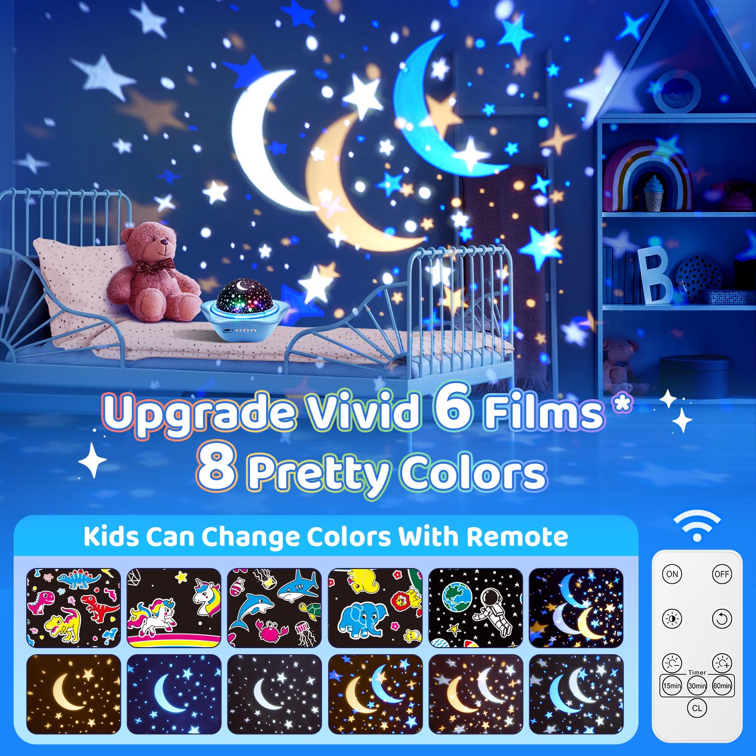 One Fire Dinosaur Night Lights For Bedroom,Upgrade 6 Films Star Projector Lights For Kids Room,Remote 360° Silent Dimmable Night Light Projector,Rechargeable Timer Dinosaur Room Decor For Boys Gifts