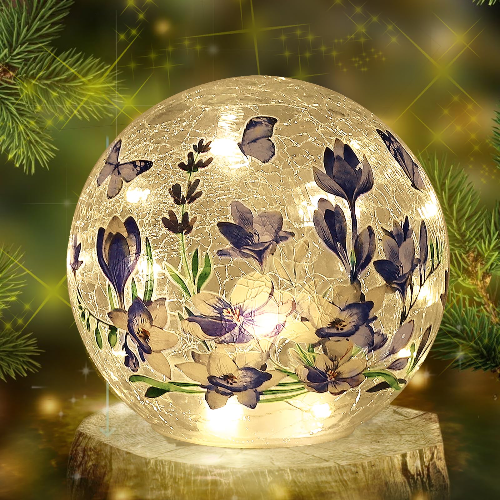 Idealxmas Glass Sphere Light With Timer - Glass Crystal Lamp, Battery Operated Table Lamp With Blue Flower