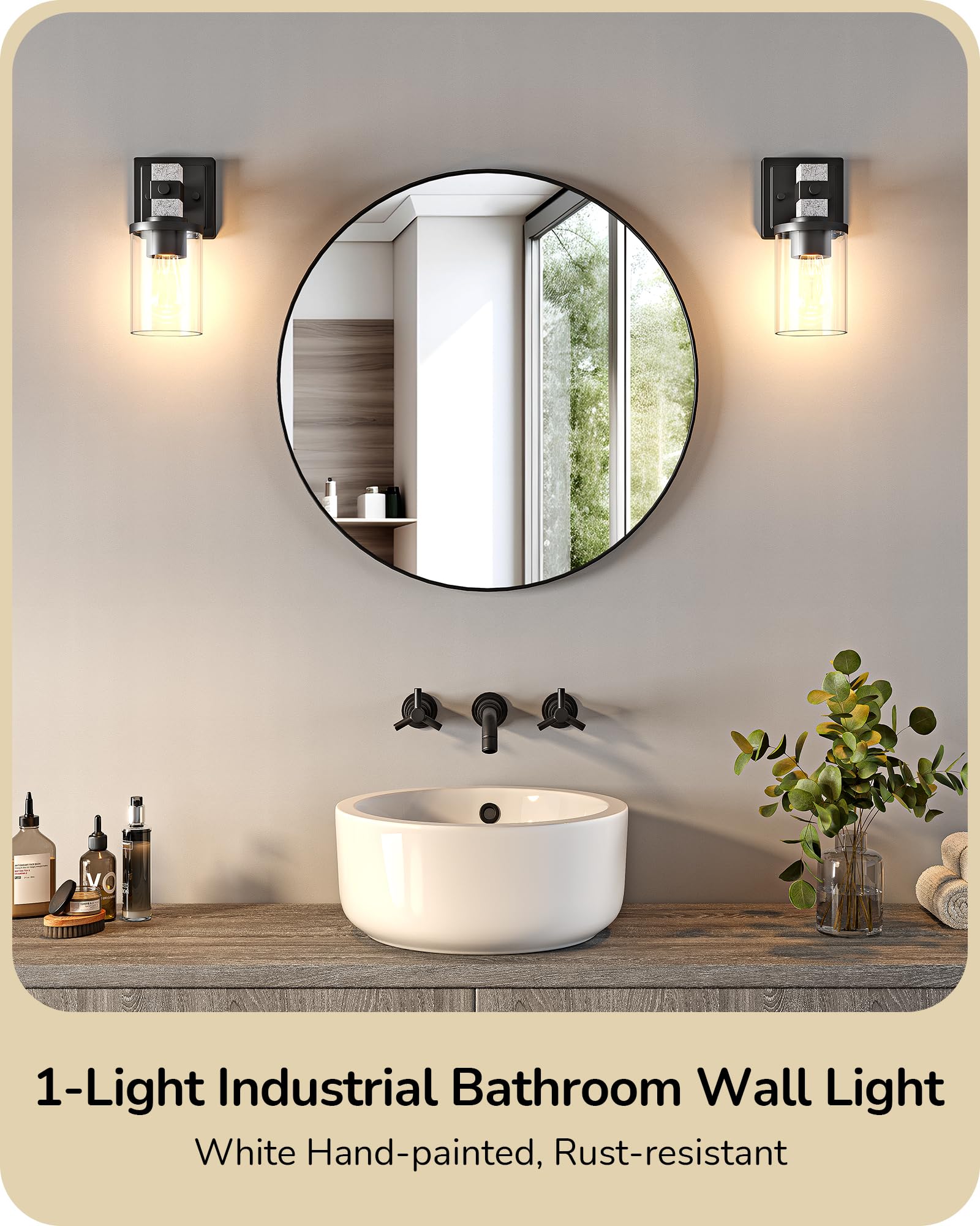 EDISHINE Wall Sconces Set of 2, Industrial 1-Light Vanity Light Fixtures, Metal with Clear Glass Shade, White Finish, Model HHVL02L