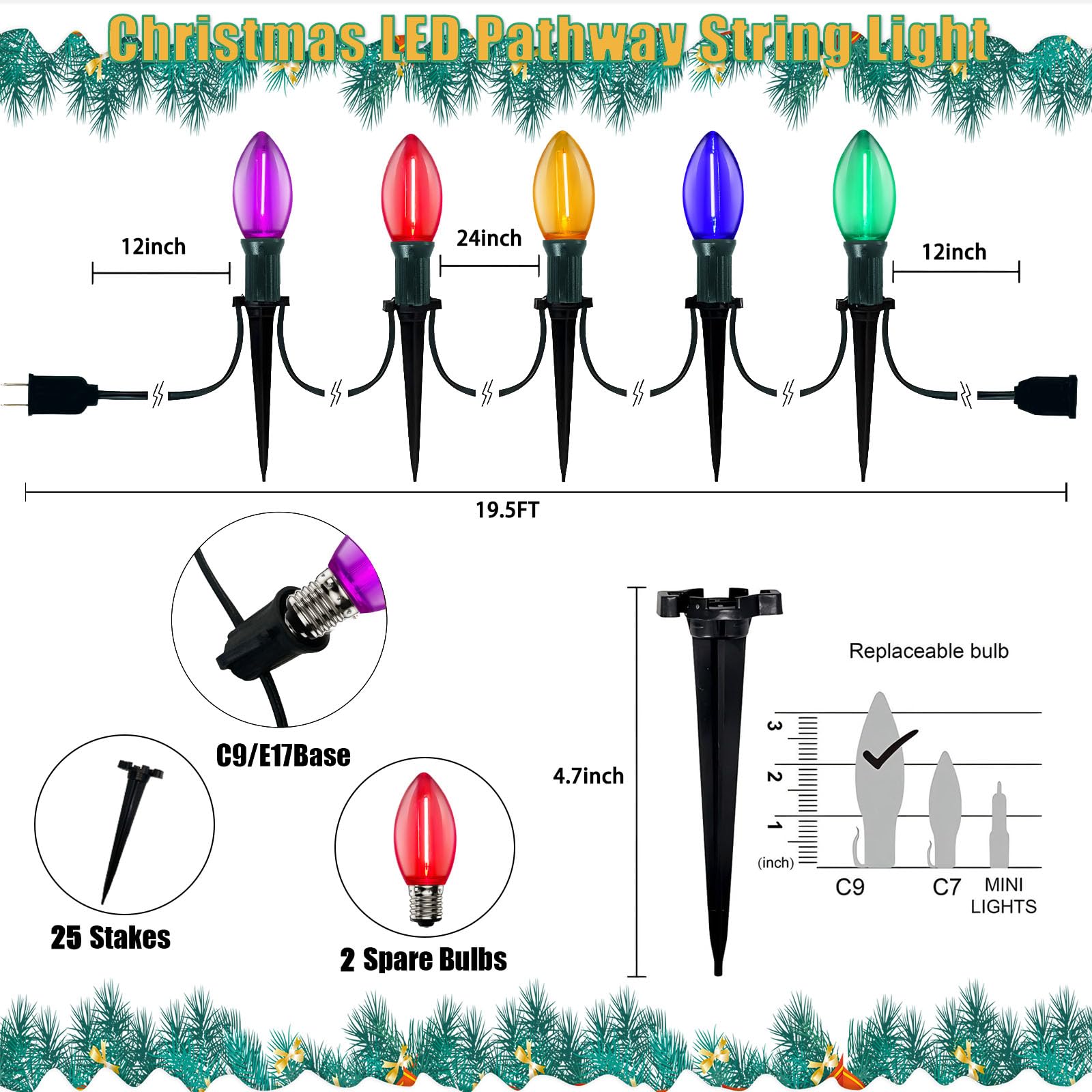 38Ft C9 Led Christmas Pathway Lights Outdoor, 25 C9 Led Multicolor Bulbs String Lights Waterproof With Stakes, Connectable Chris