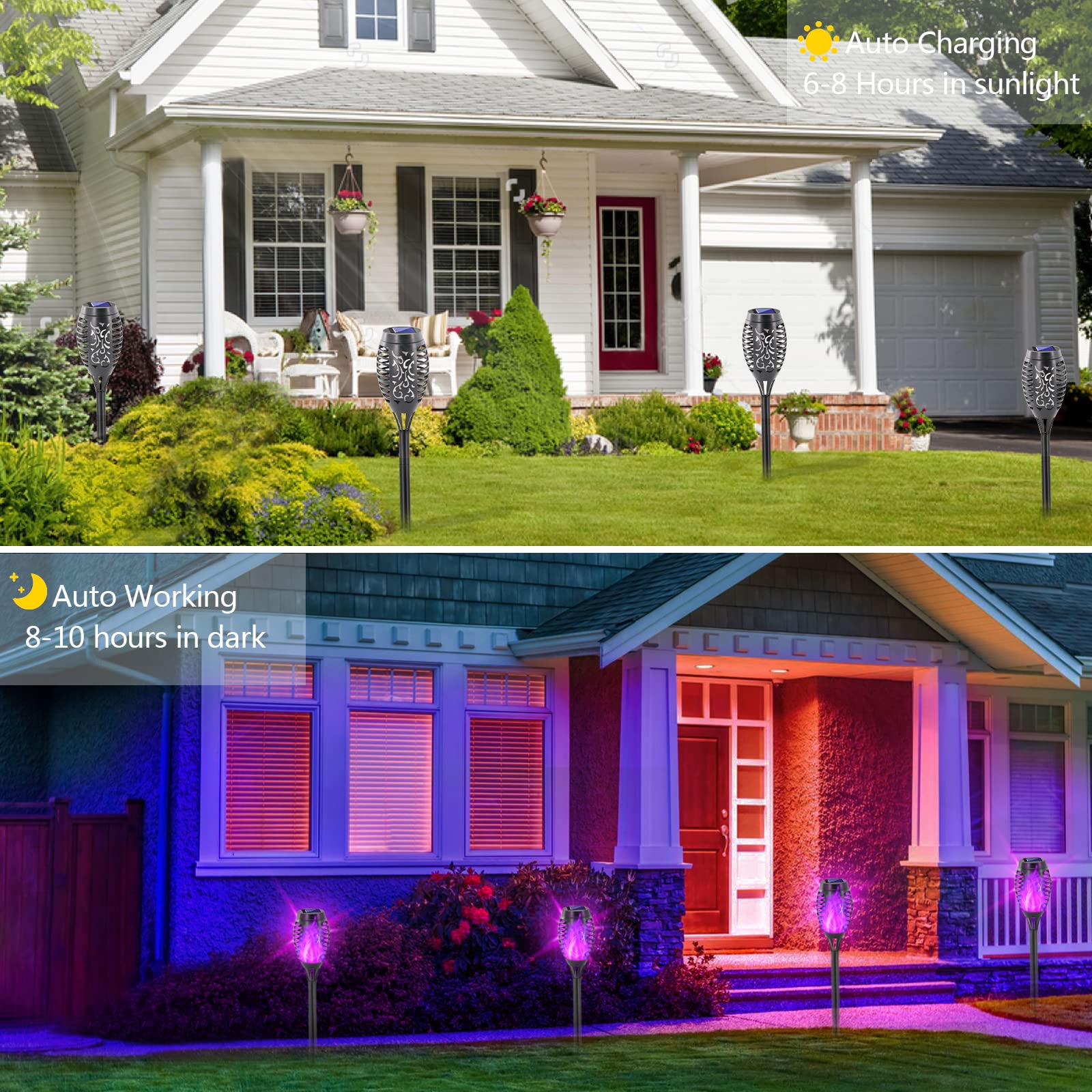 EOYIZW Solar Tiki Torches, 12 Pack Outdoor Lights with Flickering Flame, Purple, 12LED, Model EOZ-12Pack