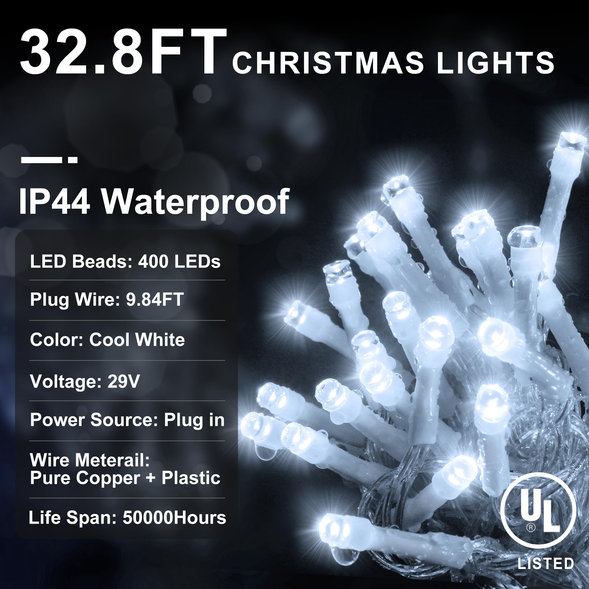 KNONEW 400 LED Fairy String Lights, 33ft Curtain Decor, Cool White, 8 Modes, Clear Wire for Christmas, Wedding & Party Decorations