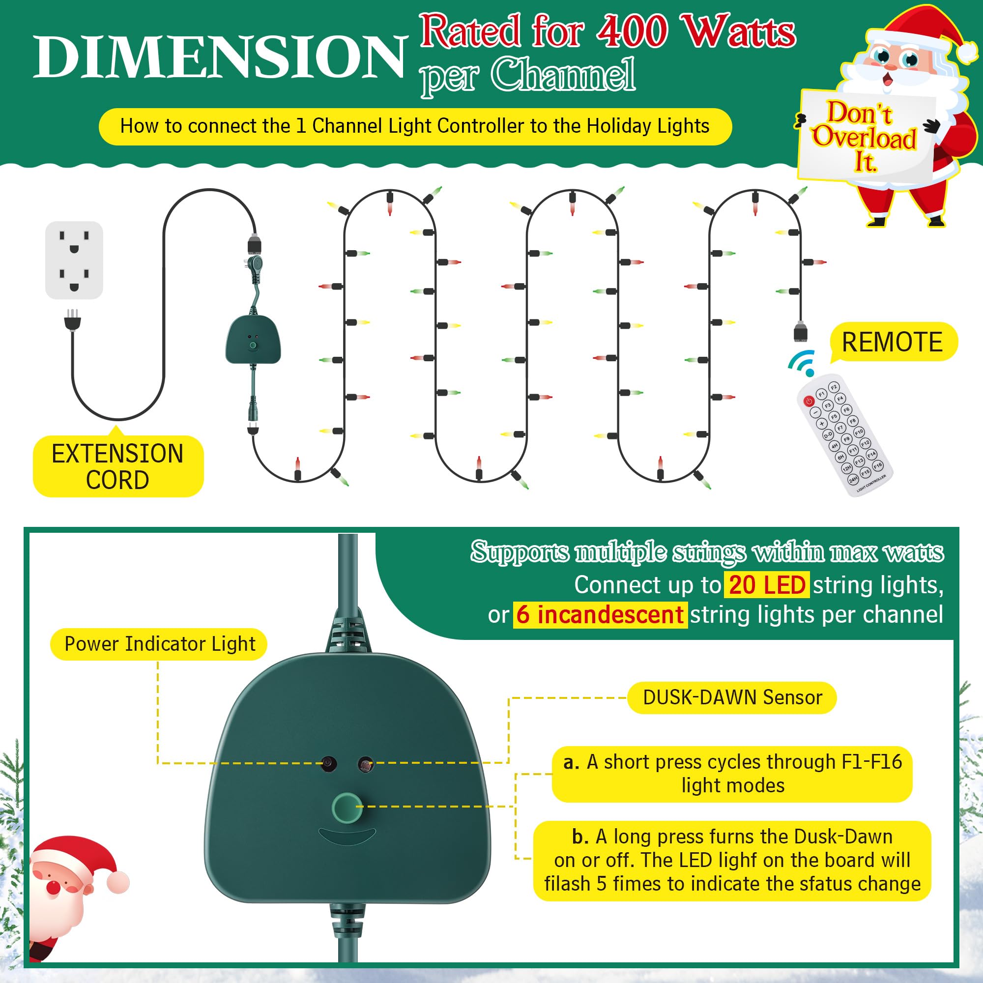 Christmas Light Controller With Remote  Create Dazzling Lighting Displays With Multiple Functions  Timer  Dusk To Dawn Sensor  Adjust Speed For Christmas Outdoor String Light (1 Channel  16 Functions)