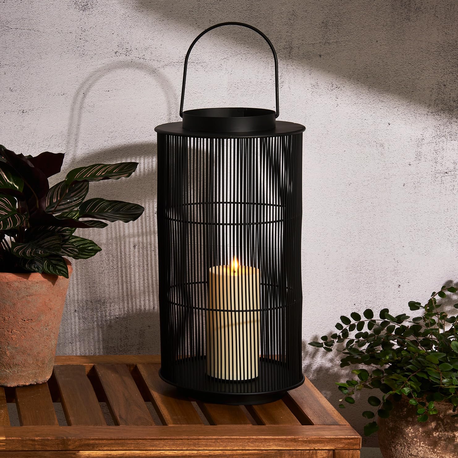 LampLust Outdoor Lantern - 16 Inch Black Metal Candle Lantern, Battery Operated LED with Timer, Waterproof, Modern Farmhouse Decor