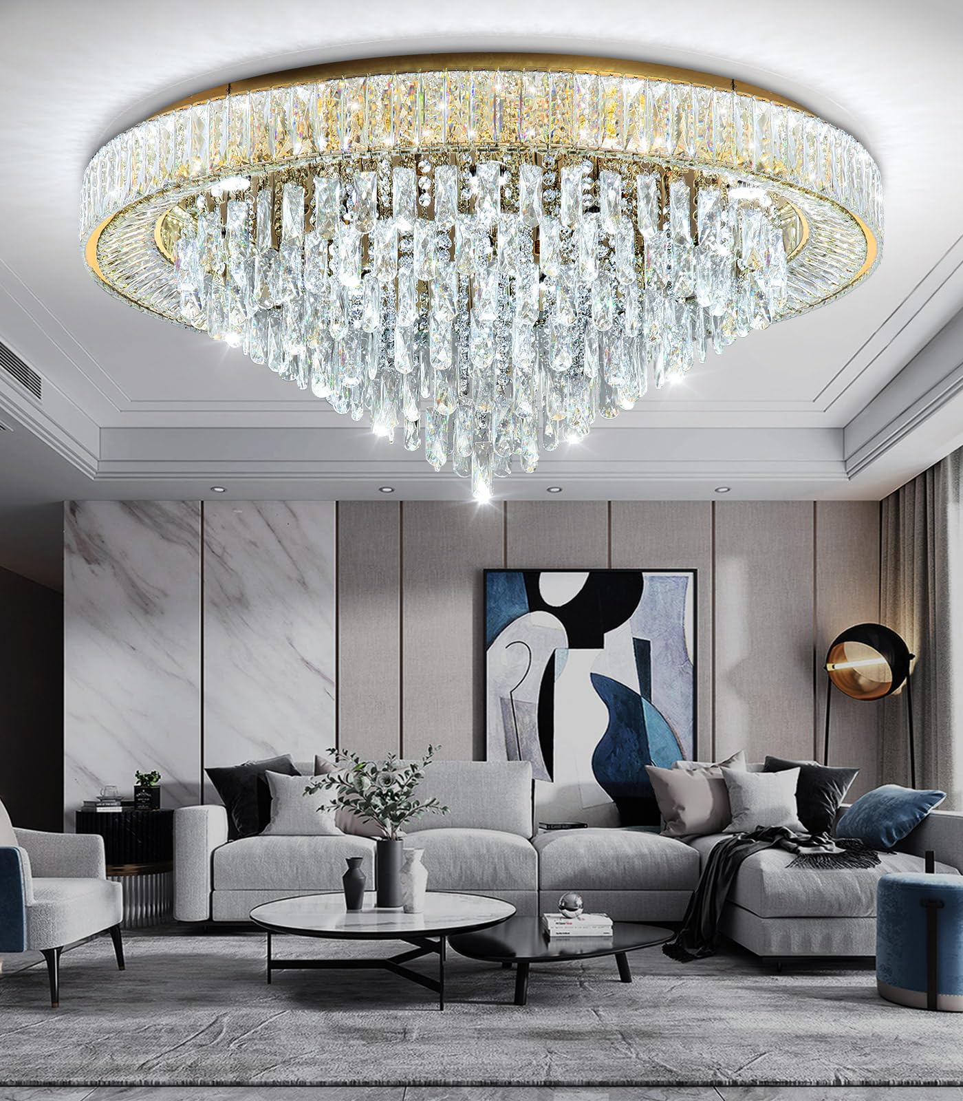 dolria Modern Crystal Flush Mount Chandelier, LED Dimmable, 39.3'' Width, Gold, Model PC1019-100G for Living Room & Bedroom