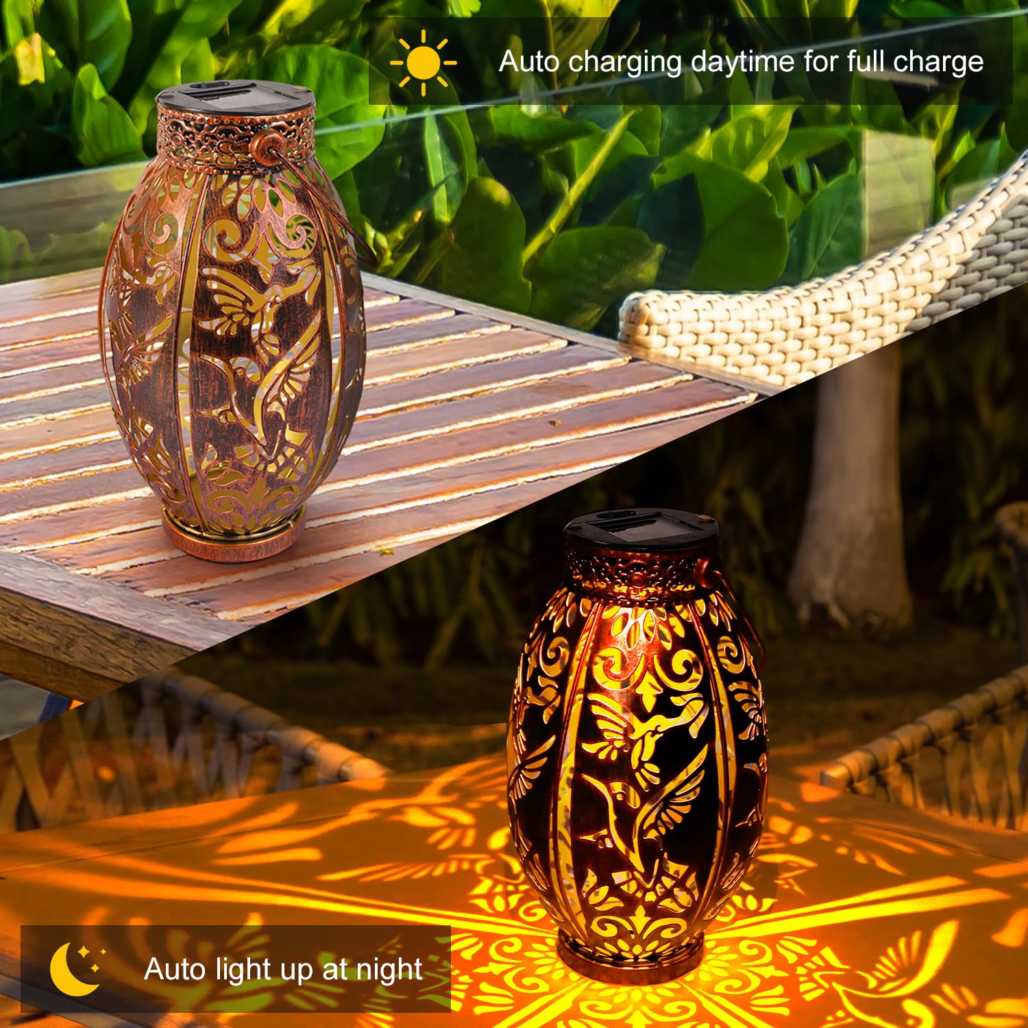 Gibmidser Solar Outdoor Lights,2 Pack Solar Garden Lanterns Waterproof, Led Hanging Lantern Hummingbird Pattern, Decorative Retro Metal Solar Lights For Table Patio Yard Pathway Walkway Gifts