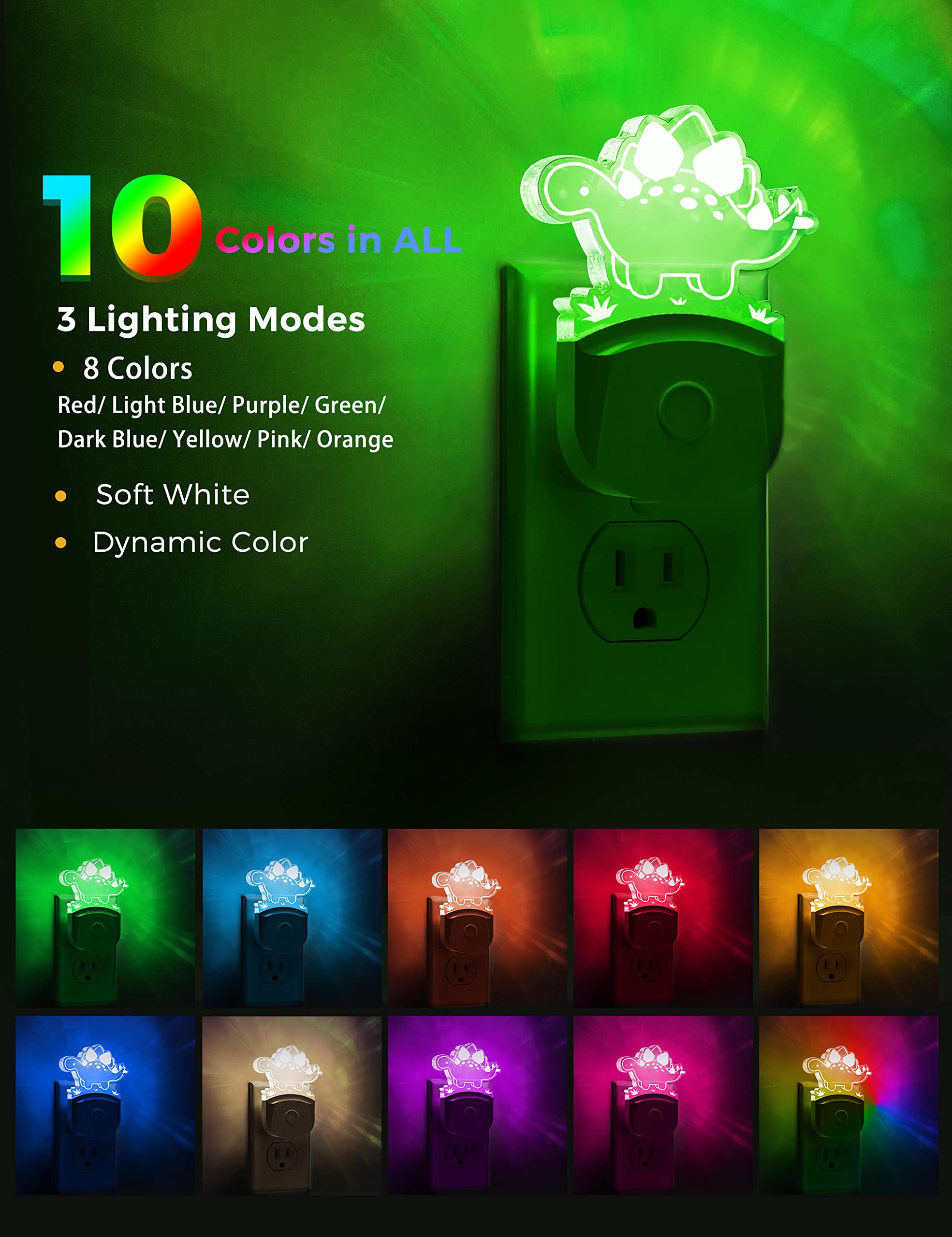 Lohas Dinosaur Night Light For Boys, Kids Nightlight Plug In, Dusk-To-Dawn, Stegosaurus Led Night Lights Plug Into Wall, Rgb+Sof