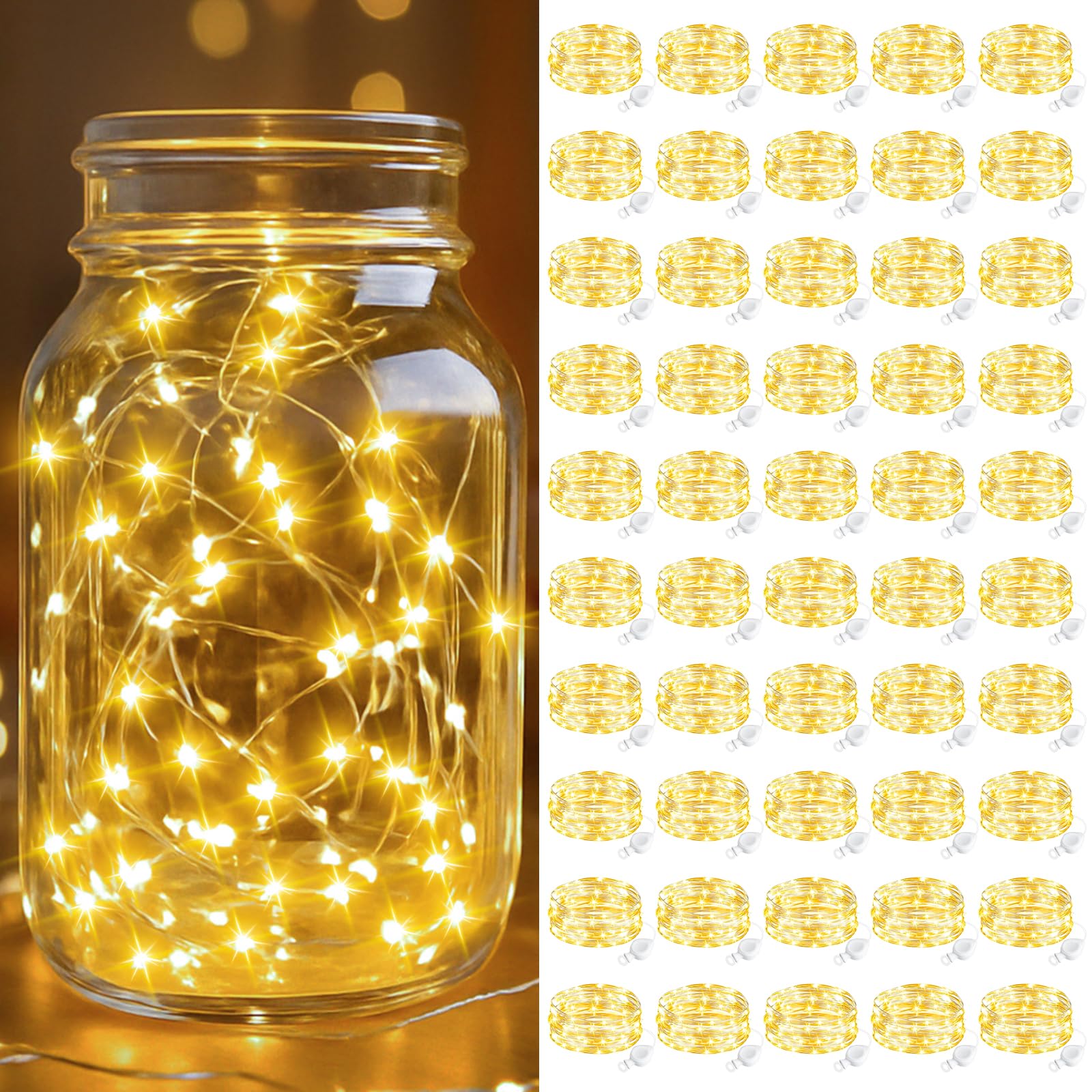 btfarm 50 Pack Fairy Lights Battery Operated, 7FT 20 LED Mini String Lights Waterproof Silver Wire for Mason Jars Centerpiece Ta
