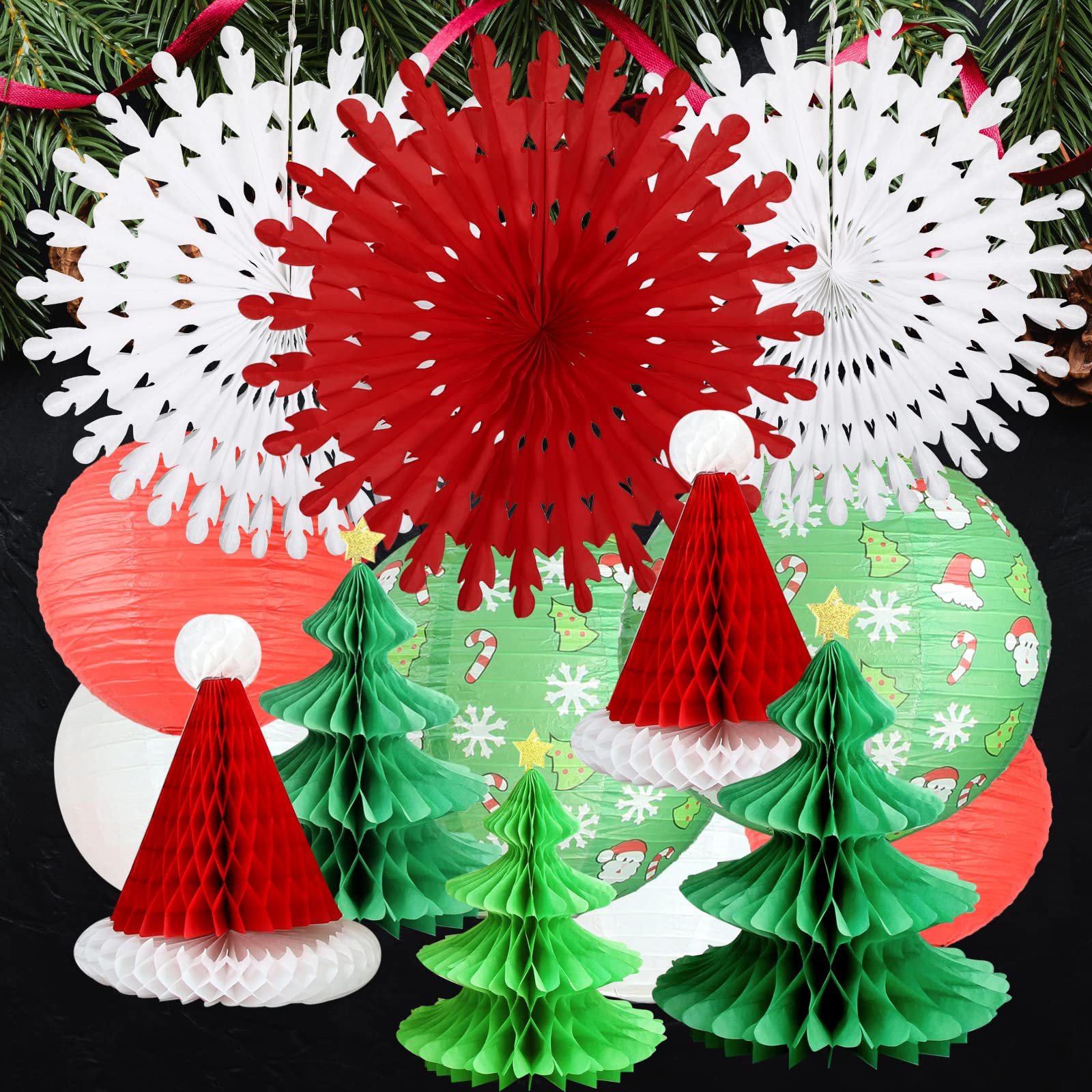 UNIQOOO 14PCS 3D Christmas Honeycomb Paper Lantern Set, Pine Tree, Star, Santa Hat, Snowflake, Paper, Christmas Fan