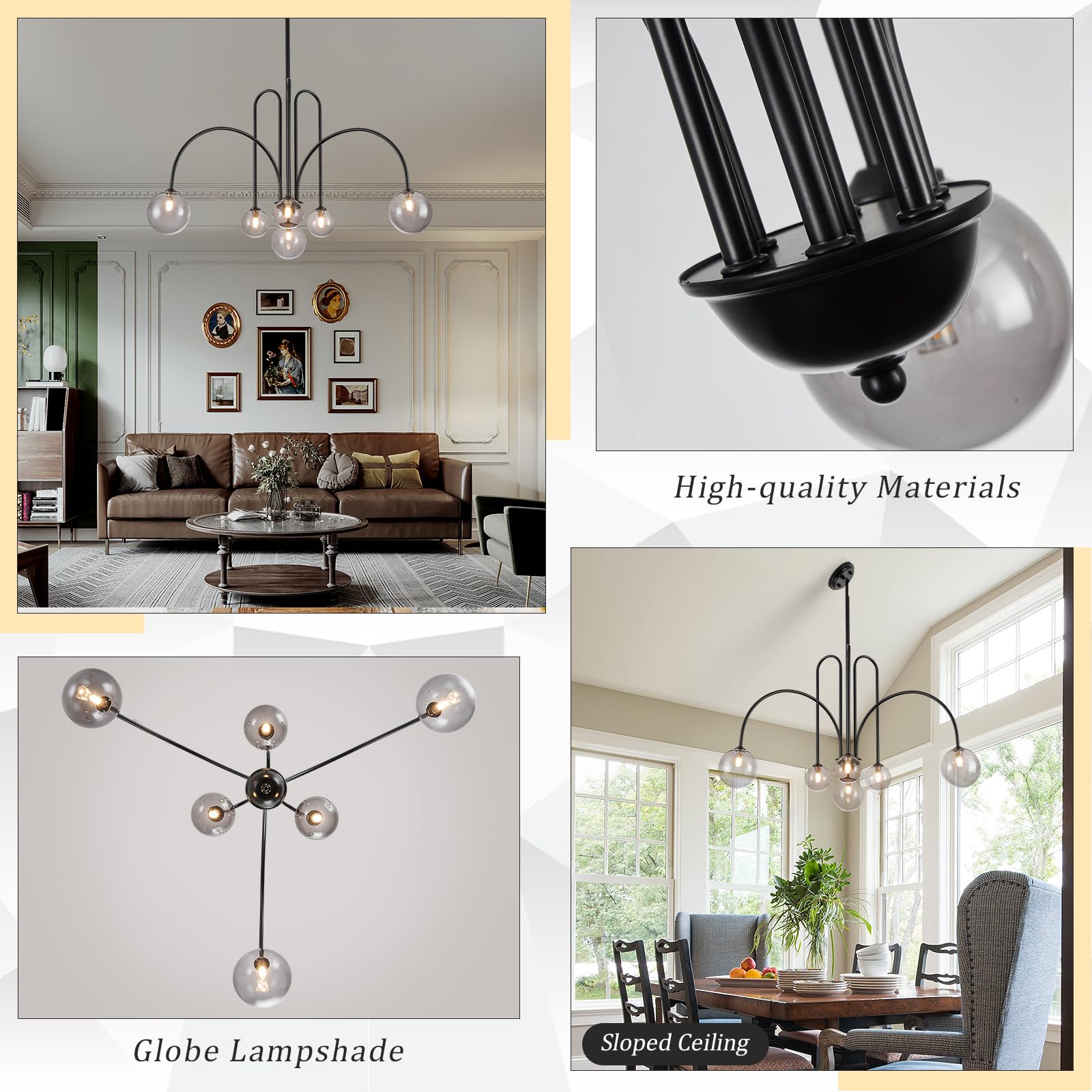 CATINER Black Sputnik Chandelier, 6 Lights, Mid Century Design, Smoke Glass Globe Shades, L40” for Living Room, Foyer, Bedroom