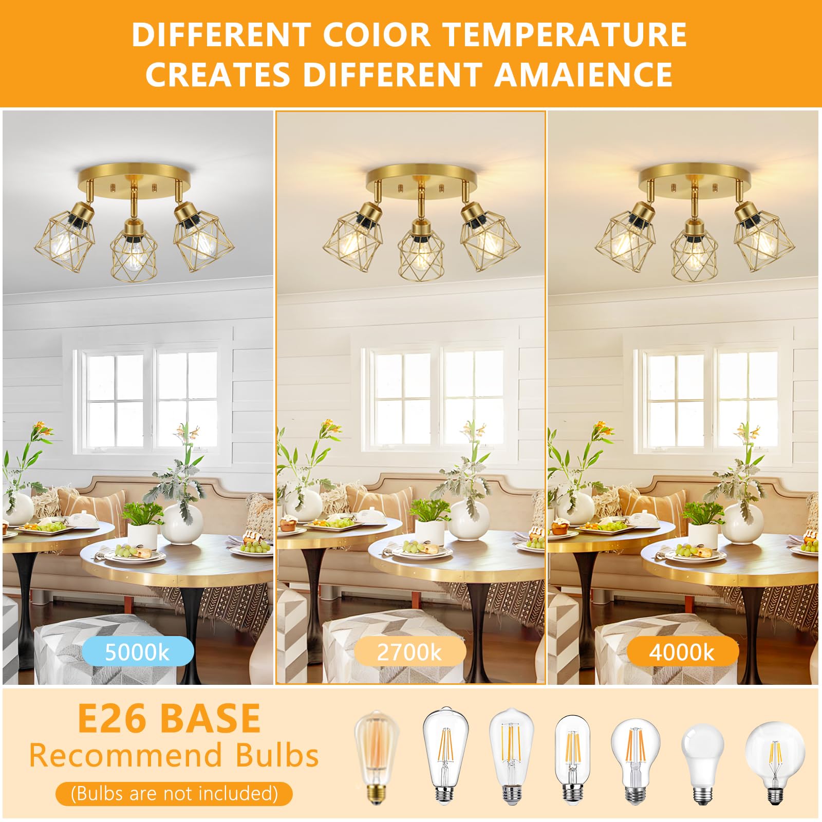Baocuz 3-Light Brushed Gold Kitchen Light Fixture, Metal Cage Ceiling Light for Farmhouse, Hallway, Dining Room, Entryway