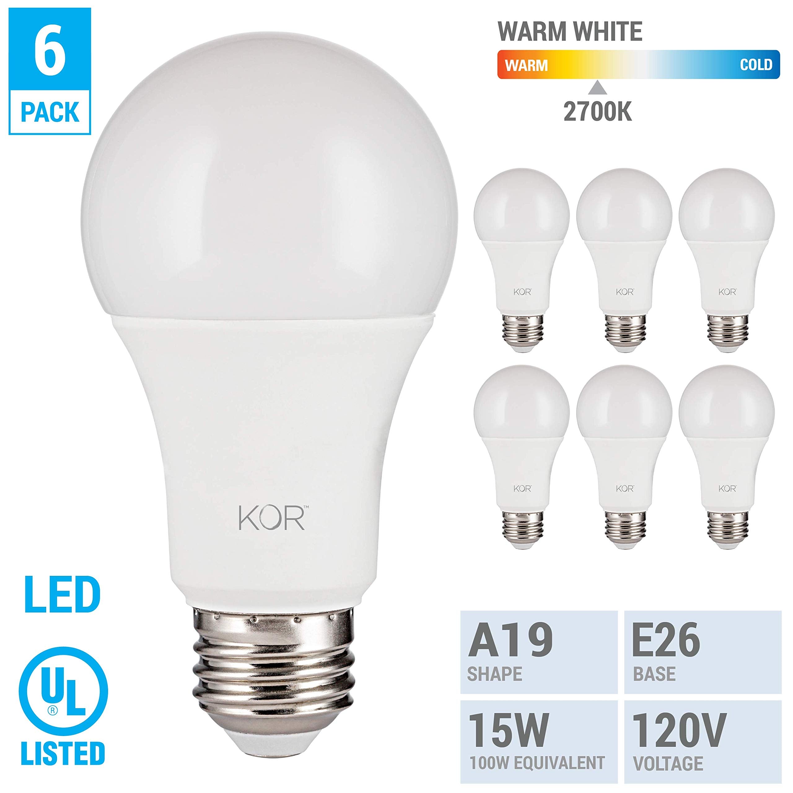 Kor 100W Equivalent Led Light Bulbs, 15W 27K 1500 Lumens Soft White 2700K Non-Dimmable, A19 E26 Standard Base, 10000 Hour Lifeti
