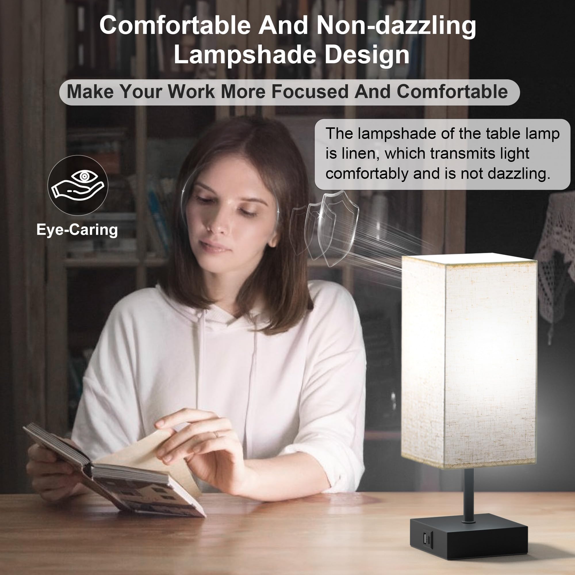 Hansang Table Lamps, Touch Lamp With Usb A Usb C Charging Port 3 Way Touch 5000K Led Bulb,Touch Lamps For Bedrooms, Reading Room