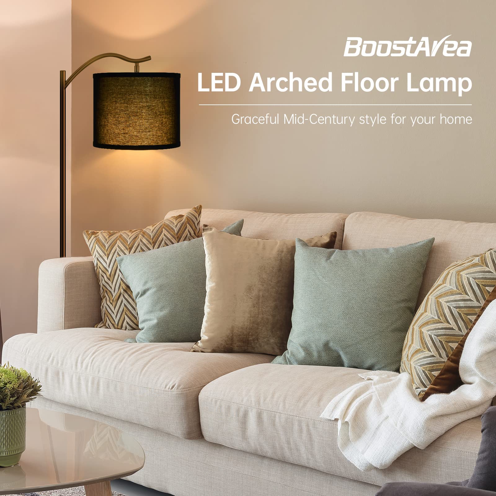 Floor Lamp For Living Room,Led Arched Floor Lamp,Tall Modern Standing Lamp With Black Linen Shade,E26 Socket, Footswitch,Montage