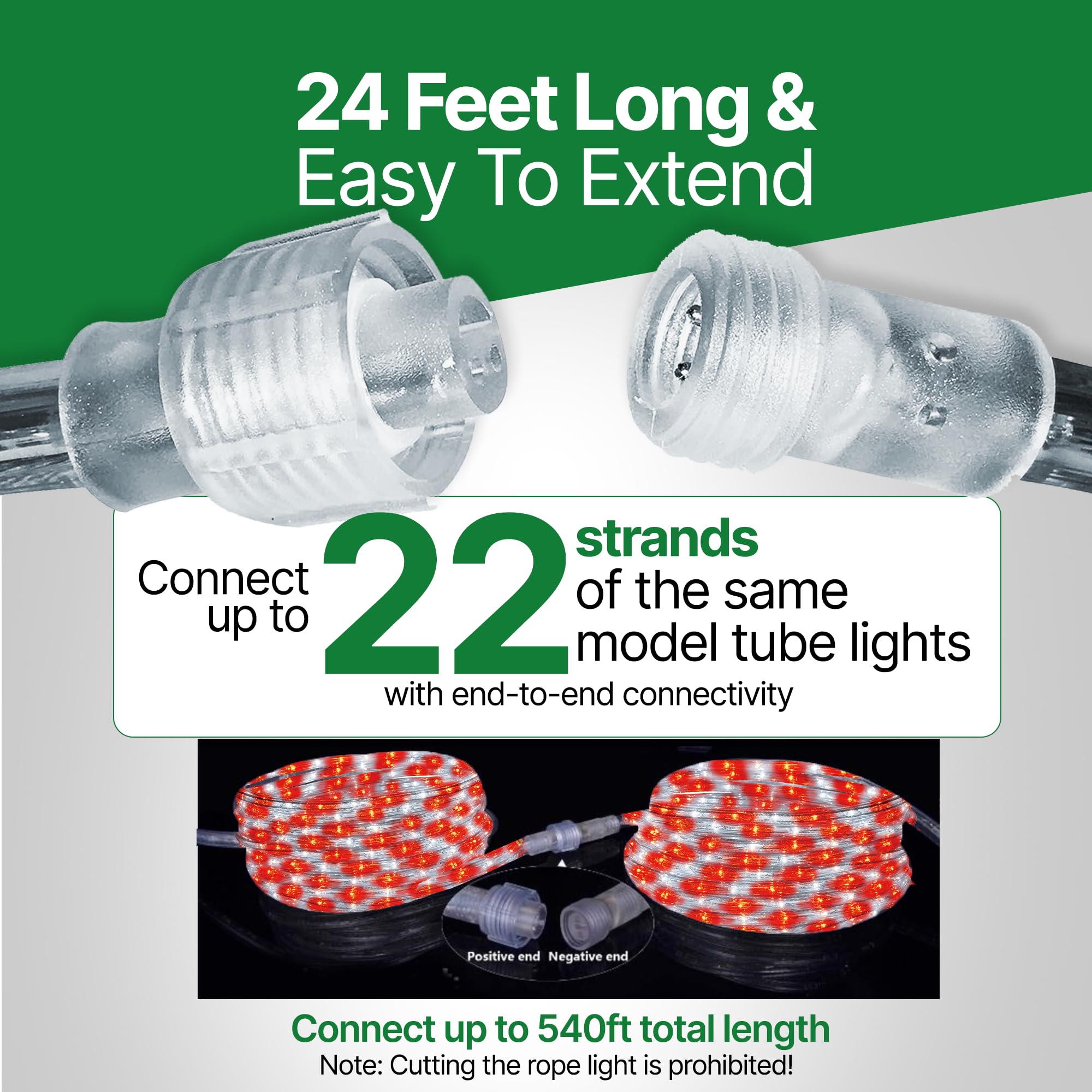 Tupkee LED Rope Light - Red & Cool White, 24 Feet, 10MM Diameter, 144 Long Life Bulbs, Pack of 2