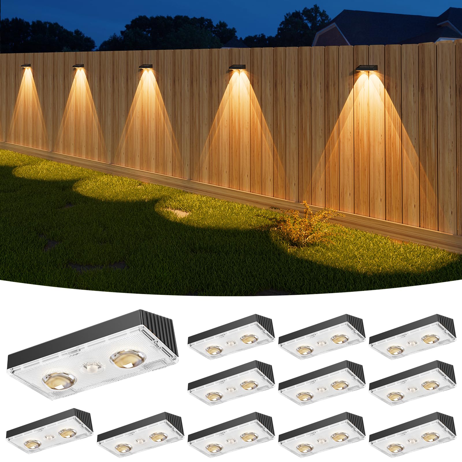 Bridika Solar Fence Lights Outdoor Waterproof, 12 Pack Fence Light Solar Powered with Bright Lens LED, Warm White, Cool White an