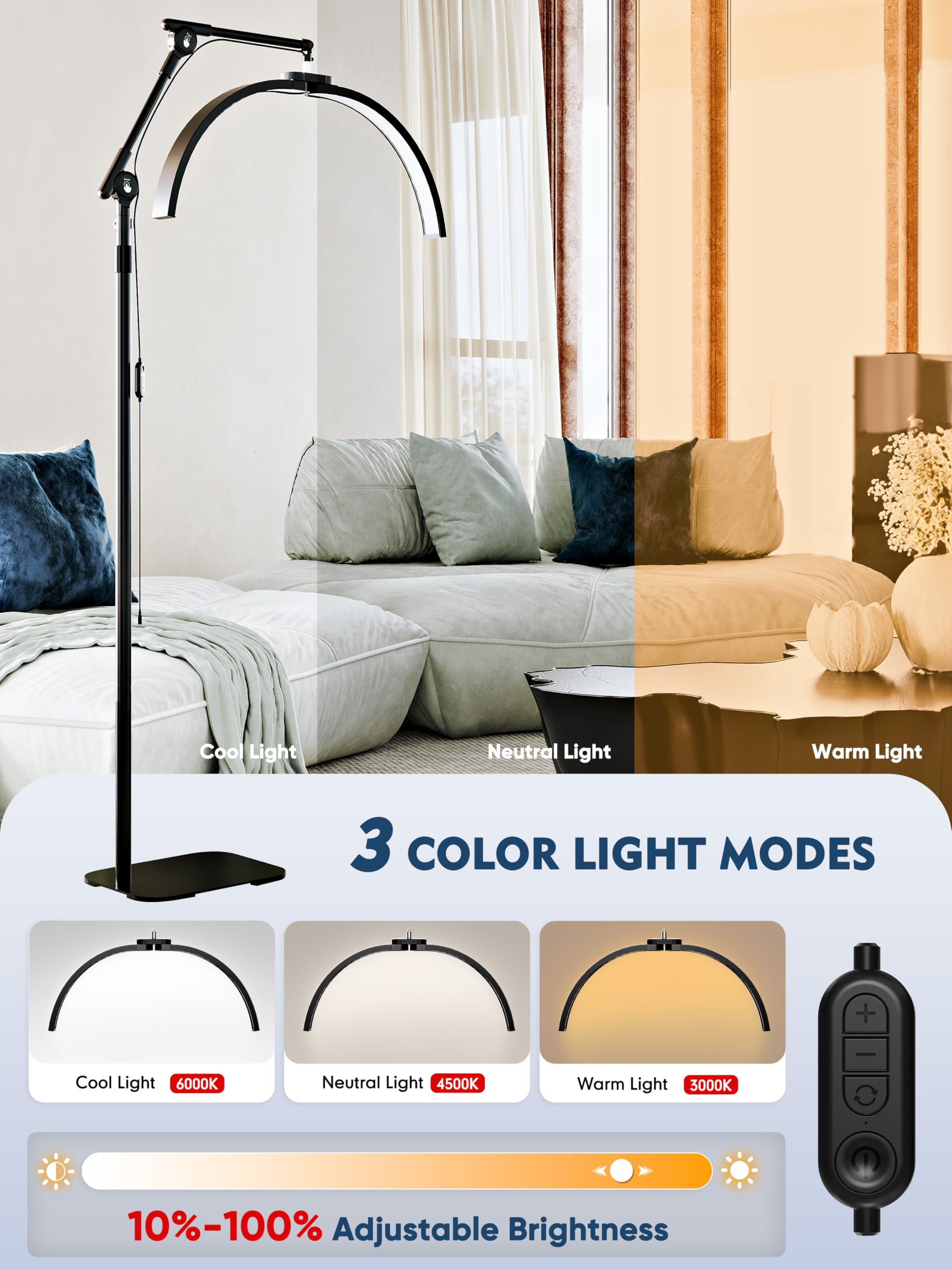 Karite Half Moon Light For Lash Tech, Led Floor Lamp For Eyelash Extensions With Phone Holder, Adjustable Angle(3 Joints) & Heig